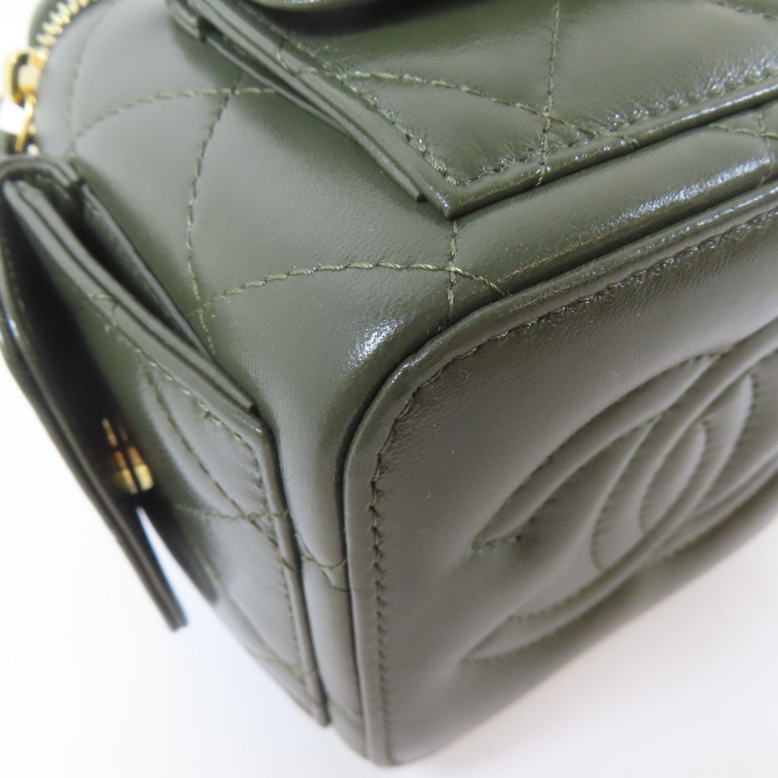 CHANEL 菱格羊皮皮革Polly Pocket Top Vanity金扣鏈帶手挽肩背兩用袋綠色