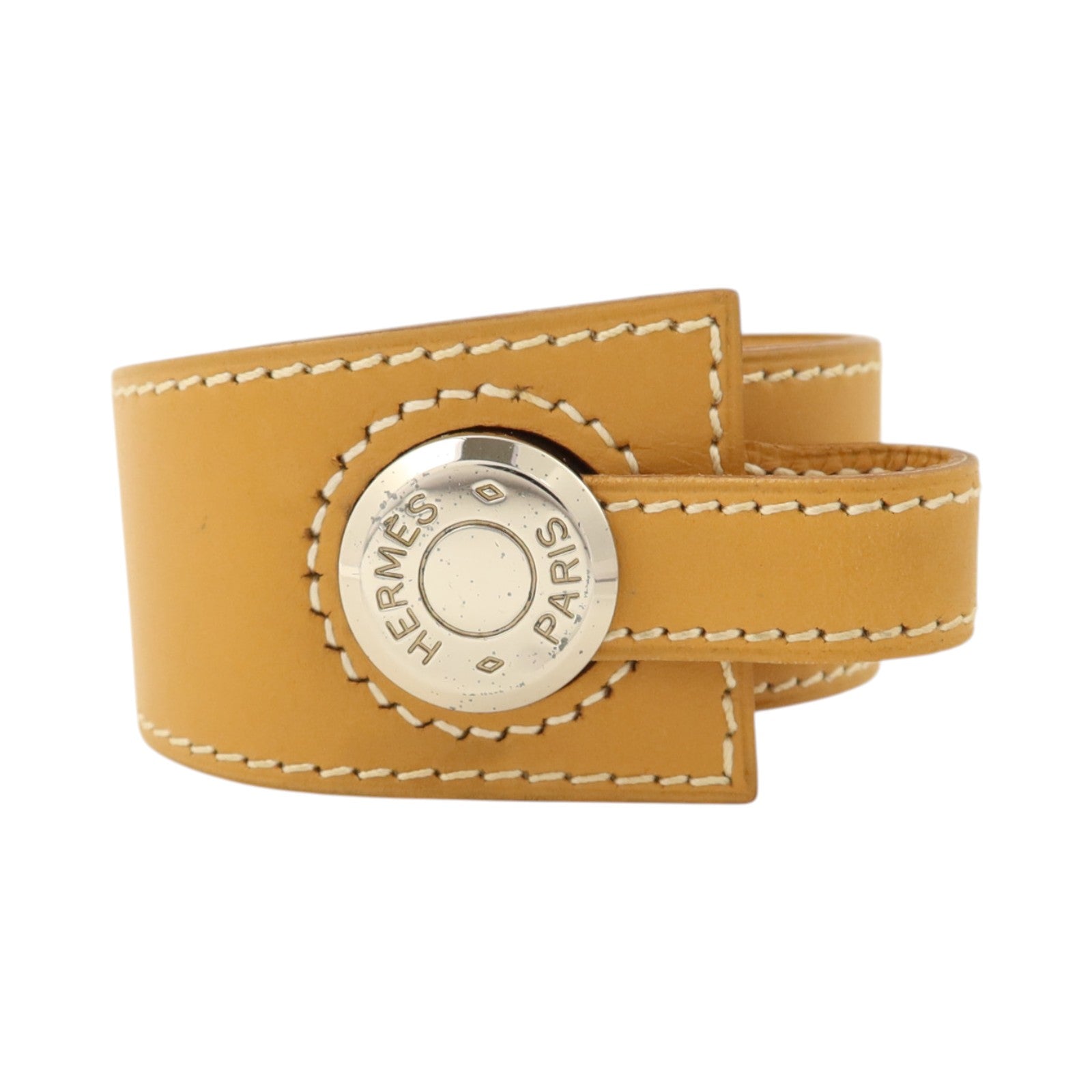HERMES Barenia皮革Clou De Selle銀扣手鐲Natural Sable