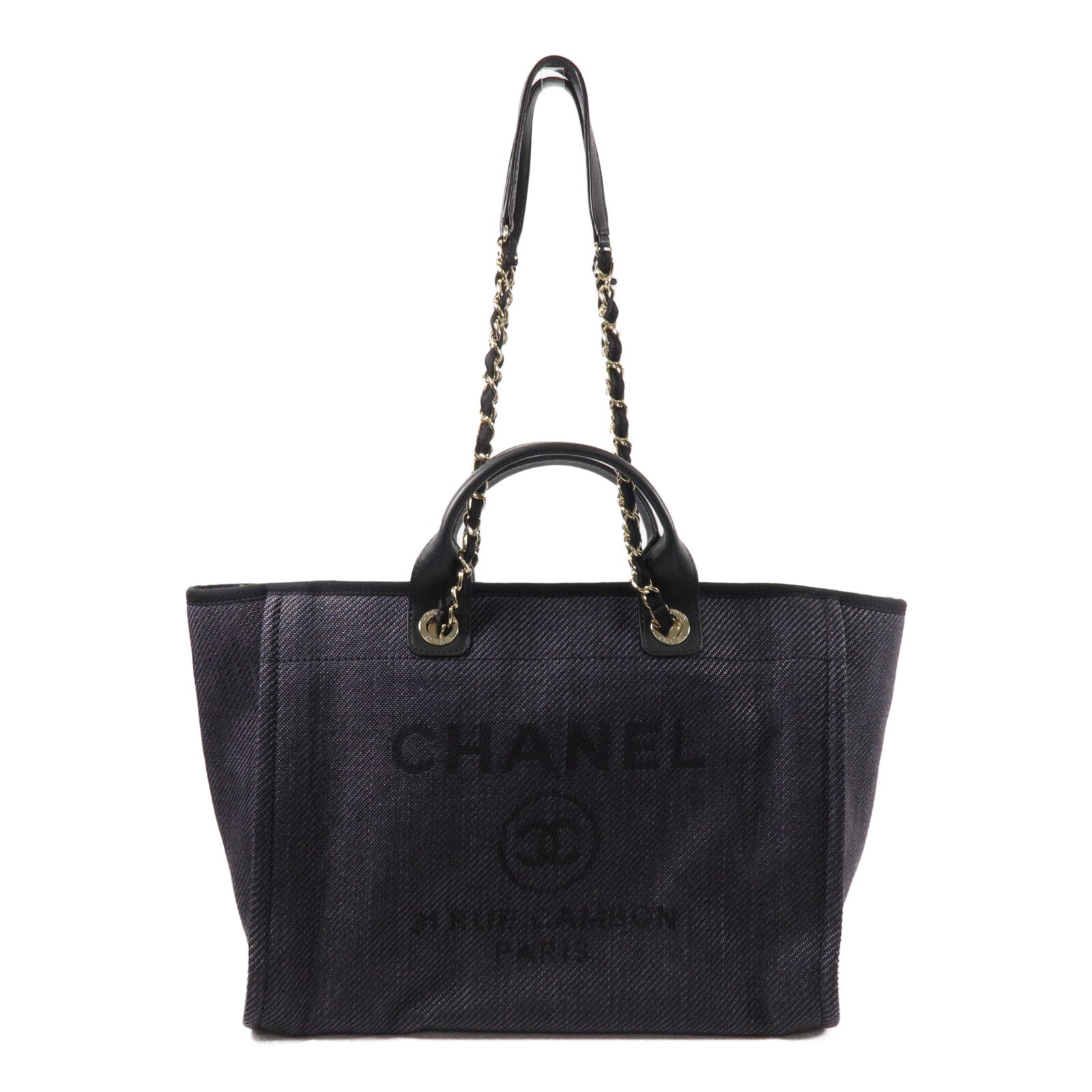 CHANEL 帆布/牛皮皮革Deauville Tote Bag鏈帶肩背袋