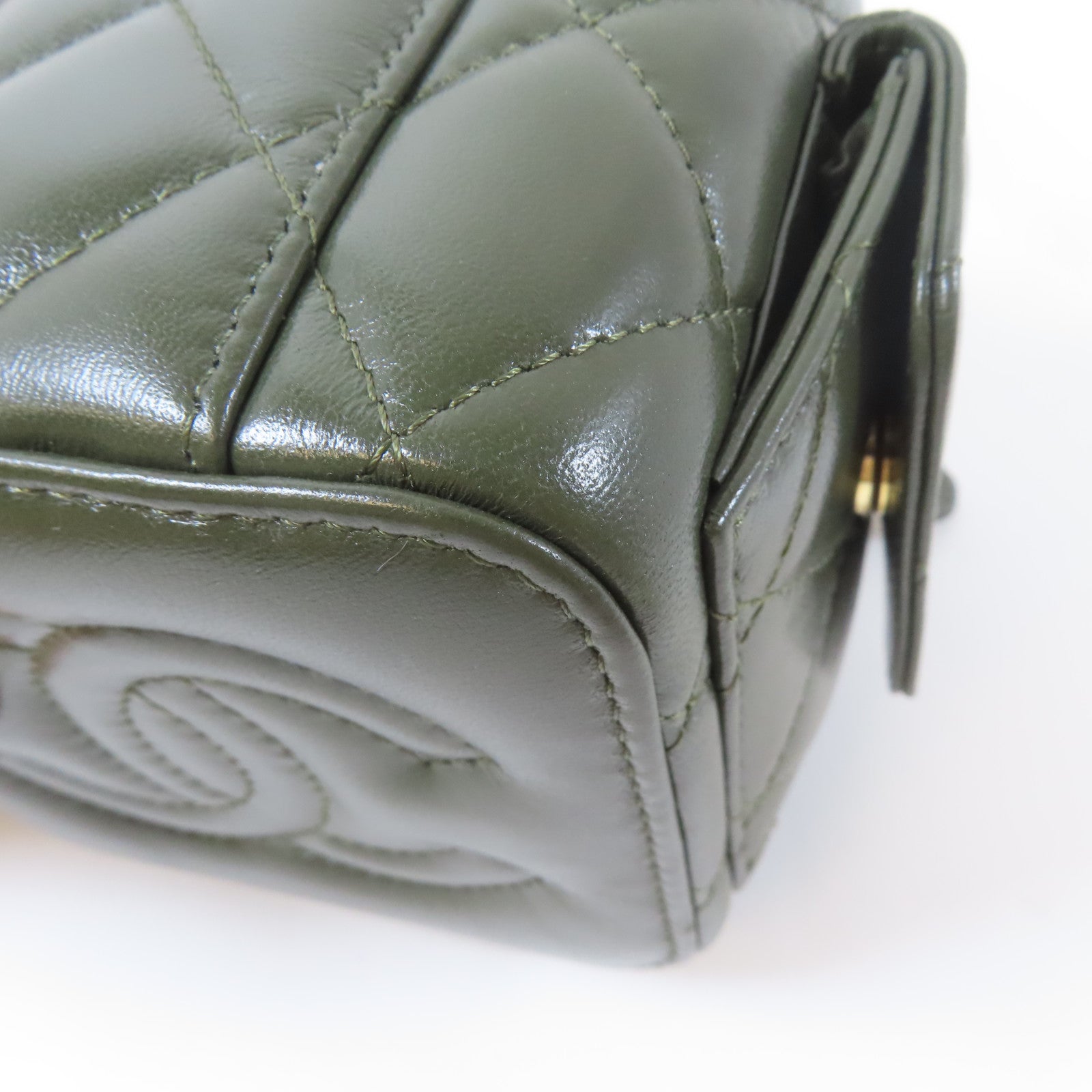 CHANEL 菱格羊皮皮革Polly Pocket Top Vanity金扣鏈帶手挽肩背兩用袋綠色