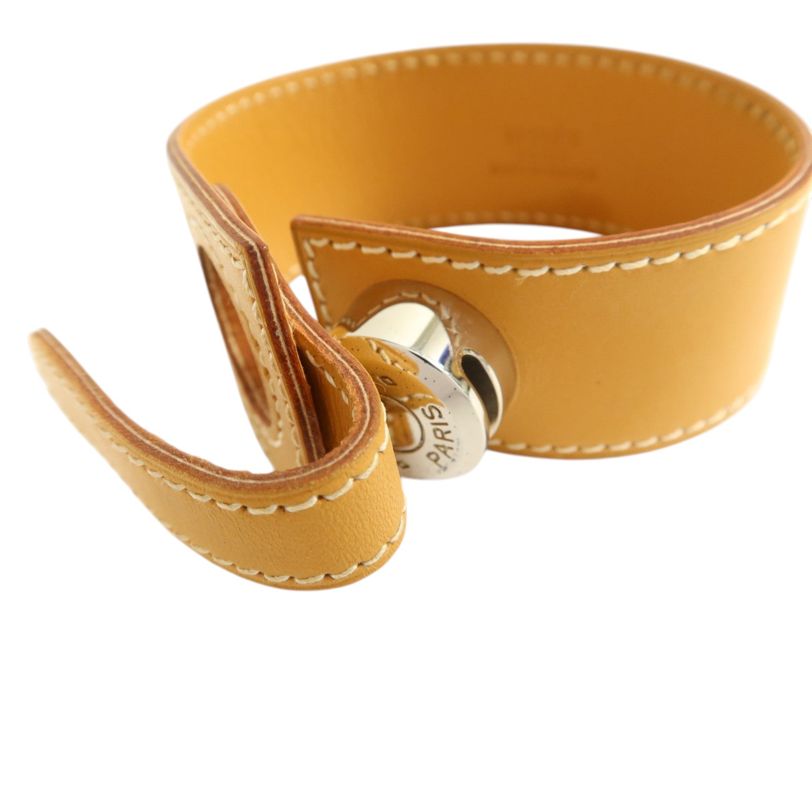 HERMES Barenia皮革Clou De Selle銀扣手鐲Natural Sable