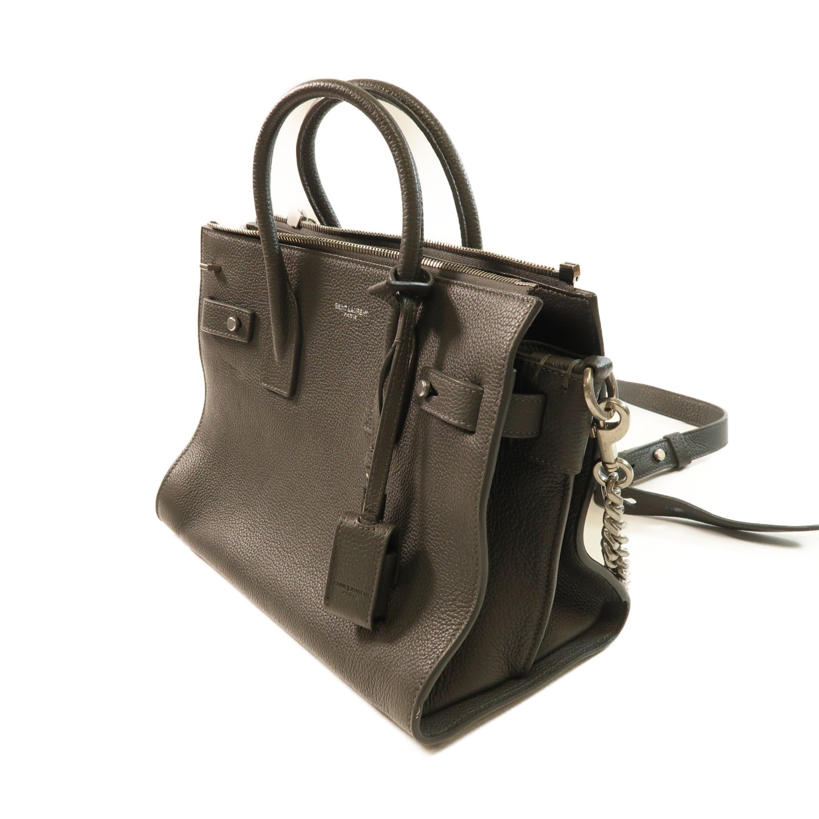 SAINT LAURENT 牛皮皮革2 Way Shoulder銀扣手挽肩背兩用袋灰色