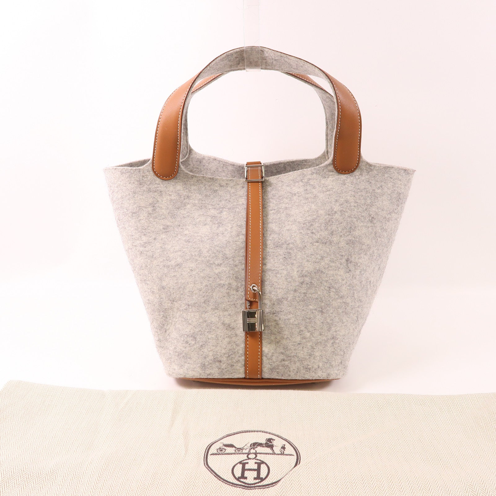 HERMES 毛氈Picotin MM銀扣手挽袋Gris Clair