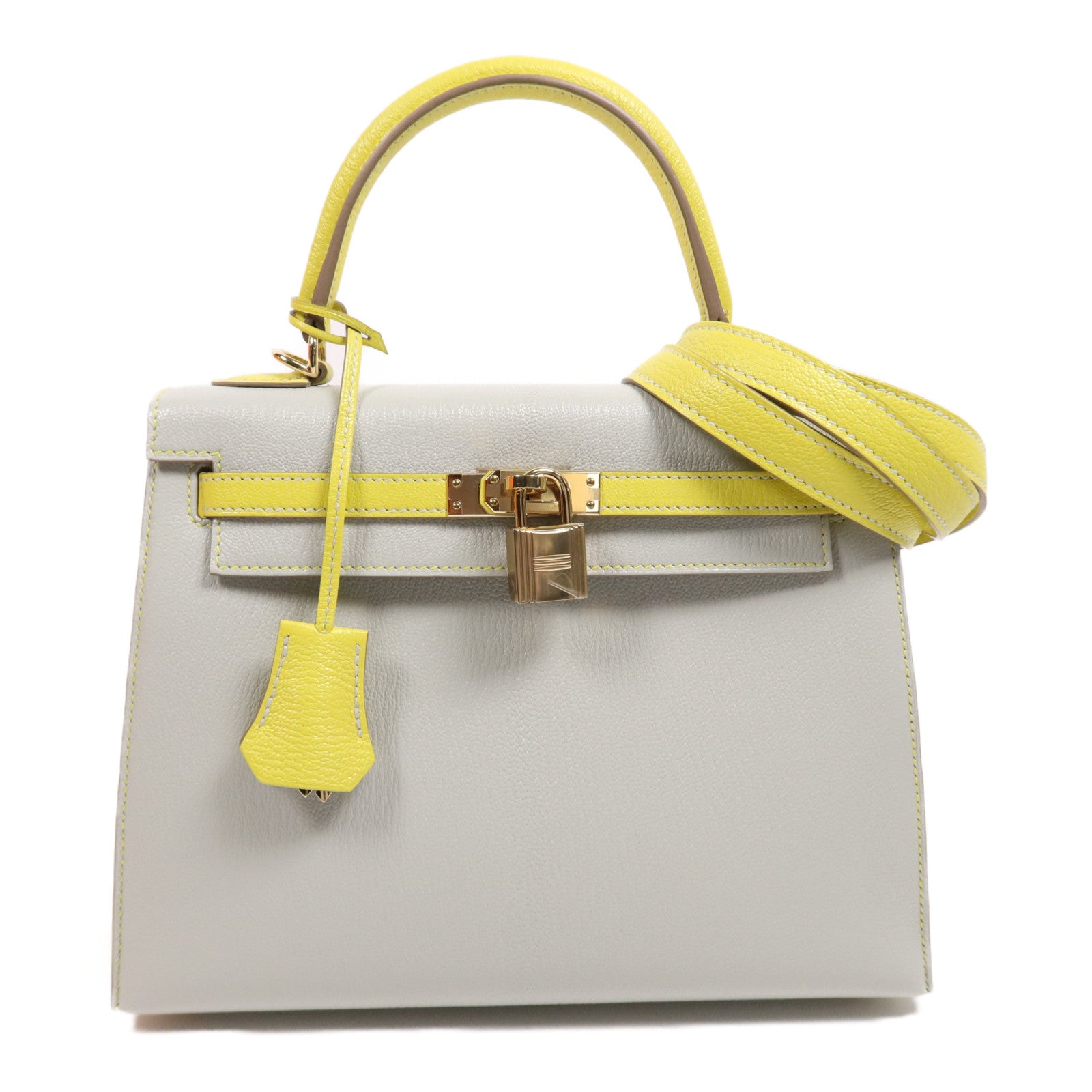HERMES 【激減優惠】Cherve皮革Kelly 25金扣手挽肩背兩用袋 Gris Perle/Lime