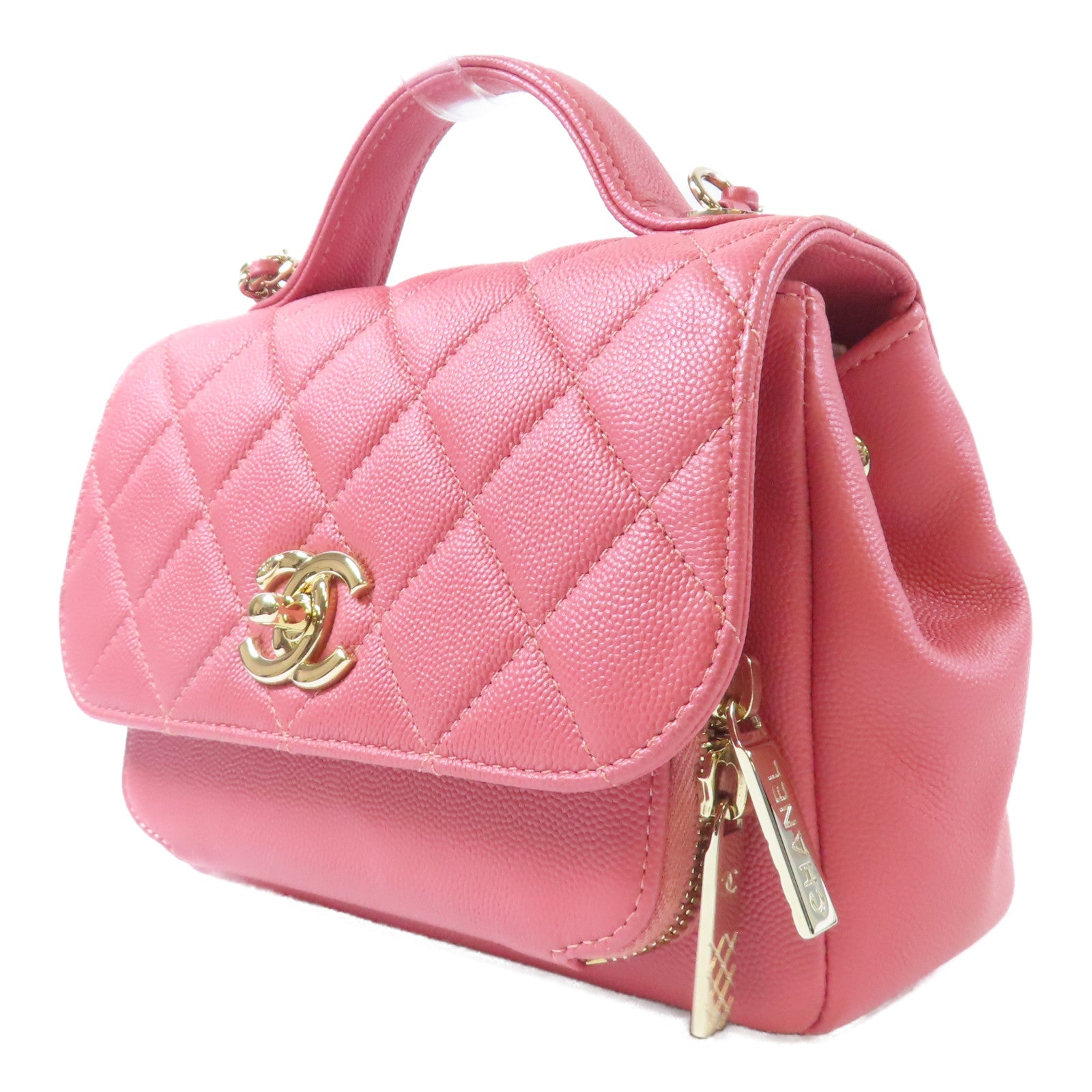 CHANEL 【激減優惠】菱格Caviar皮革Chain Shoulder金扣鏈帶手挽肩背兩用袋粉紅色