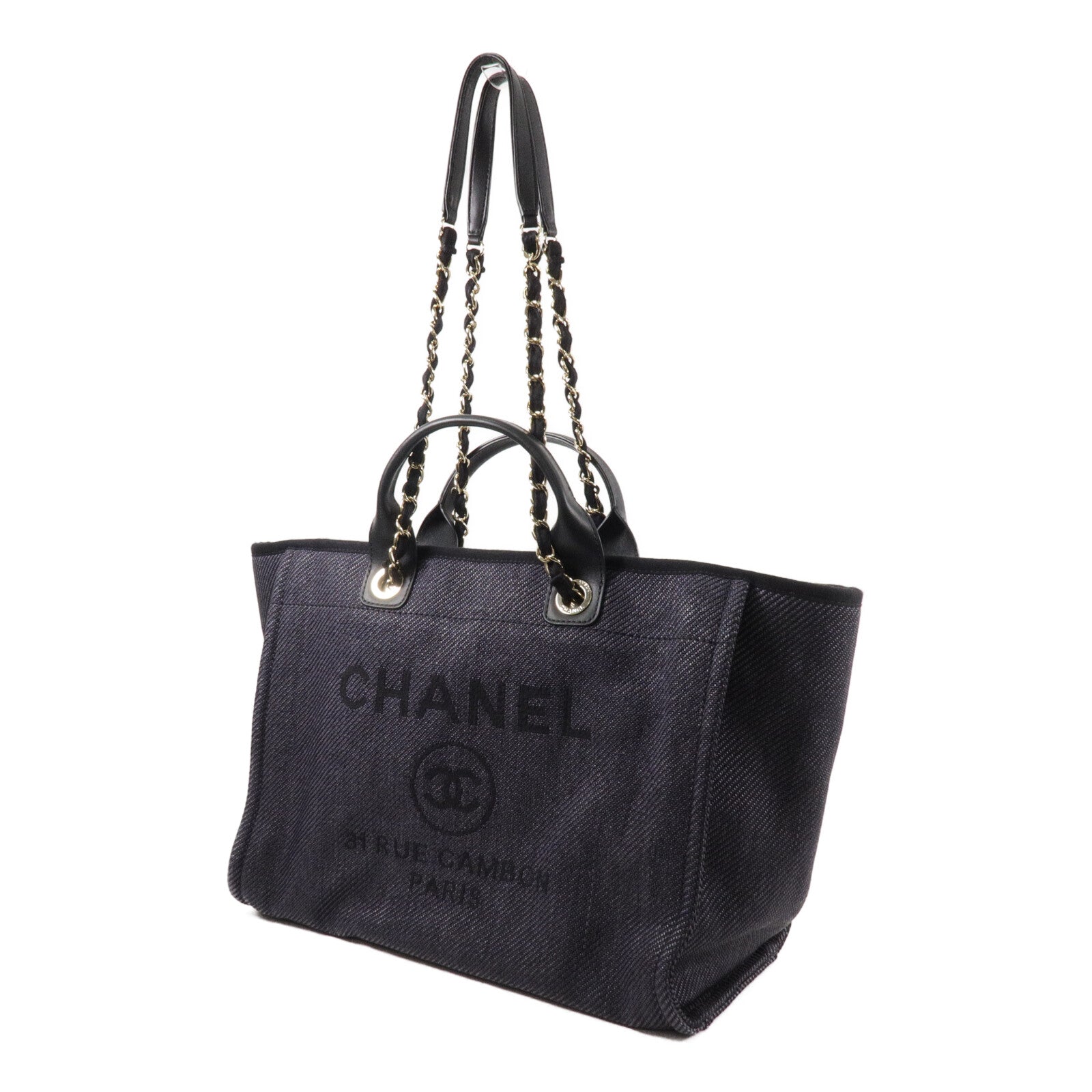 CHANEL 帆布/牛皮皮革Deauville Tote Bag鏈帶肩背袋