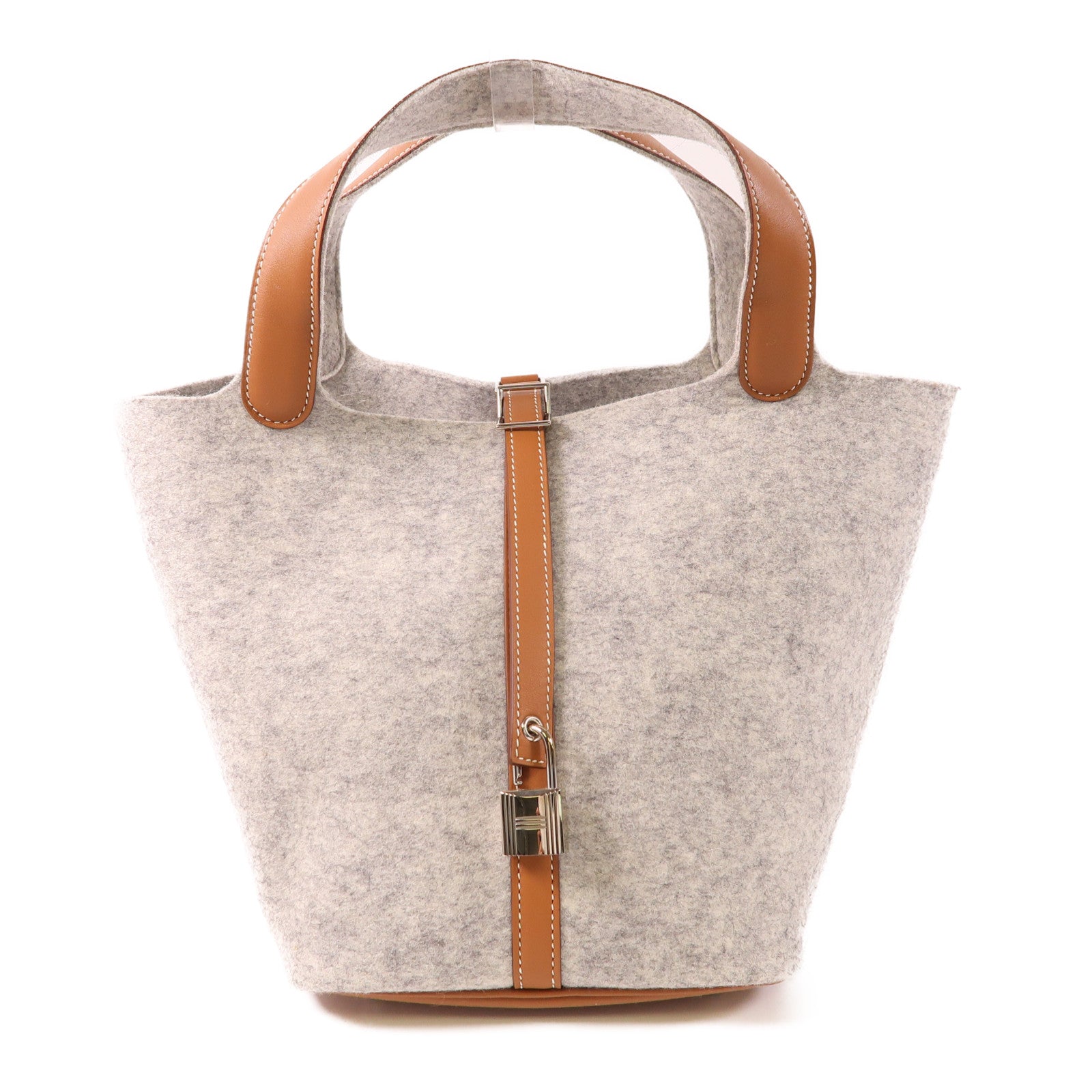 HERMES 毛氈Picotin MM銀扣手挽袋Gris Clair