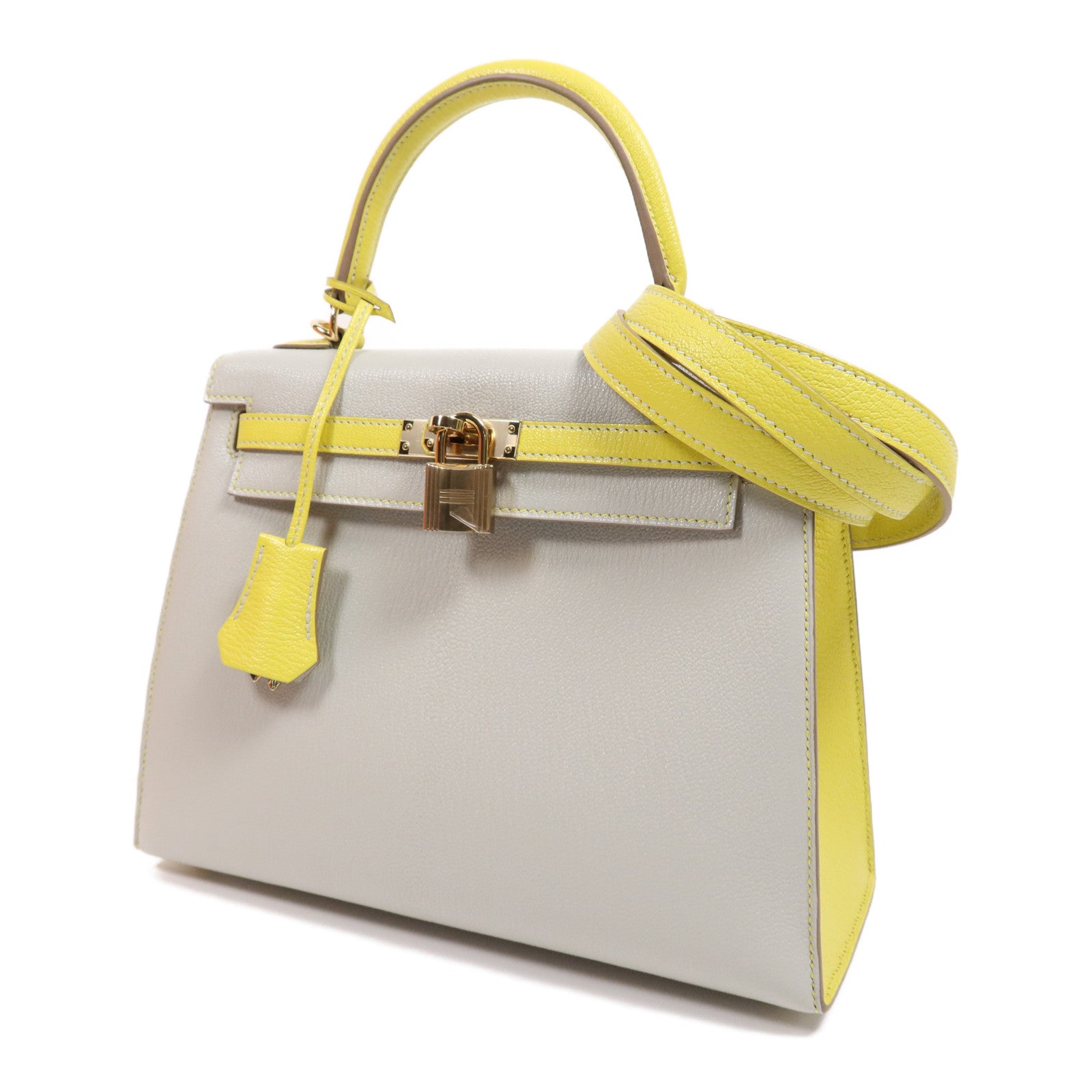 HERMES 【激減優惠】Cherve皮革Kelly 25金扣手挽肩背兩用袋 Gris Perle/Lime