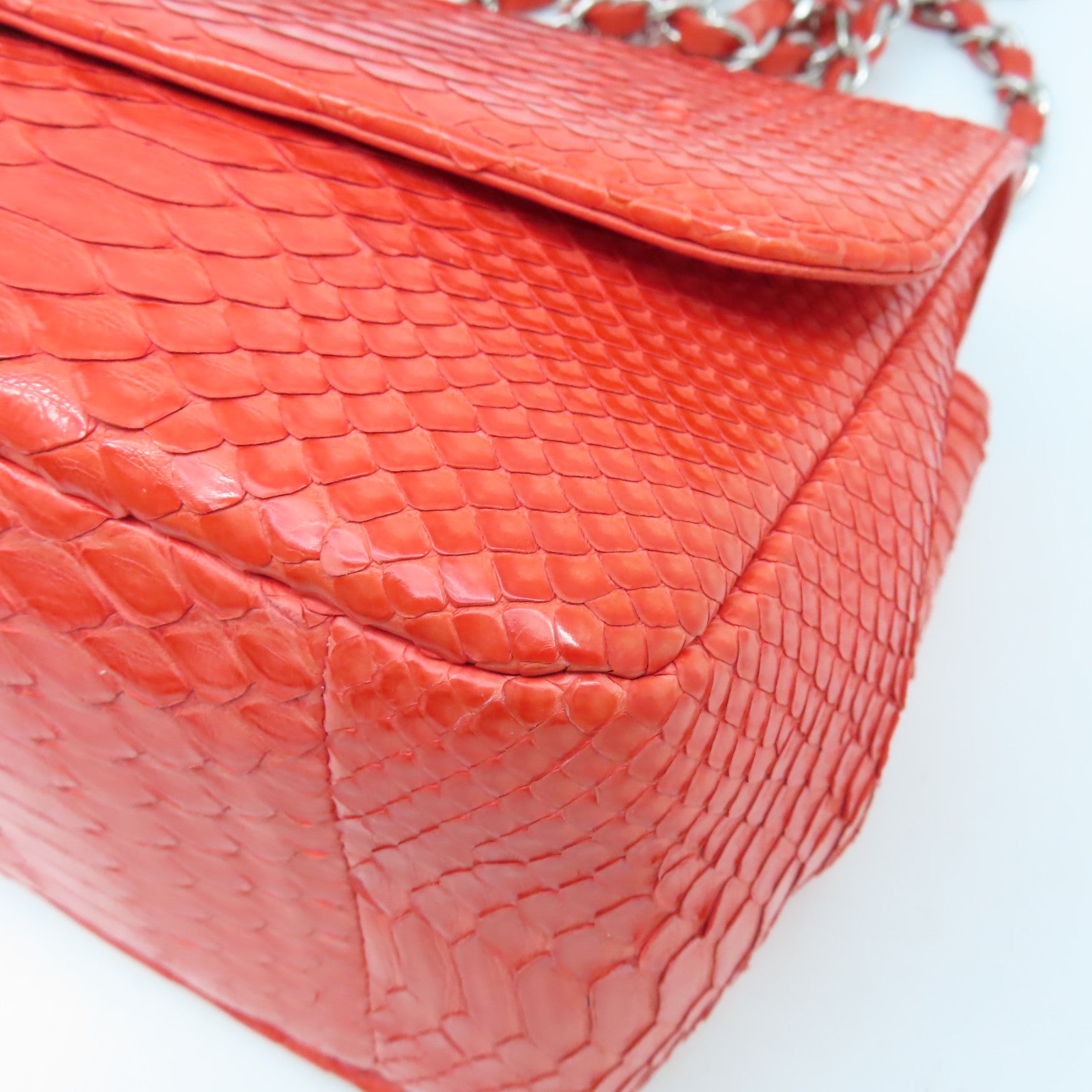 CHANEL 【清倉大減價】蛇皮皮革Chain Shoulder Bag銀扣肩背袋紅色