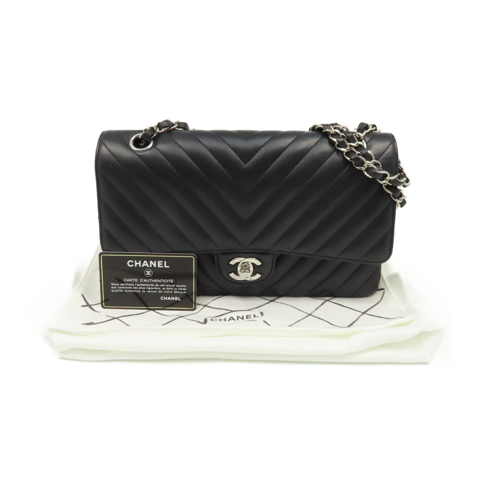 CHANEL **【激減優惠】斜紋牛皮皮革Medium Classic Flap Chain Shoulder Bag銀扣鏈帶肩背袋黑色