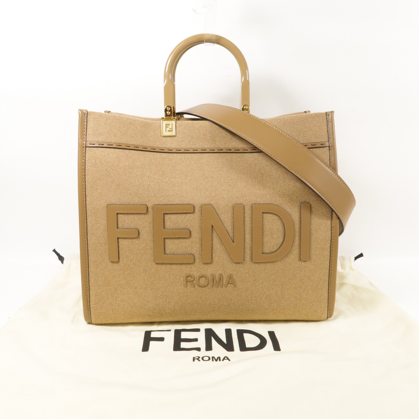 FENDI 羊毛/牛皮皮革Sunshine金扣手挽肩背兩用袋