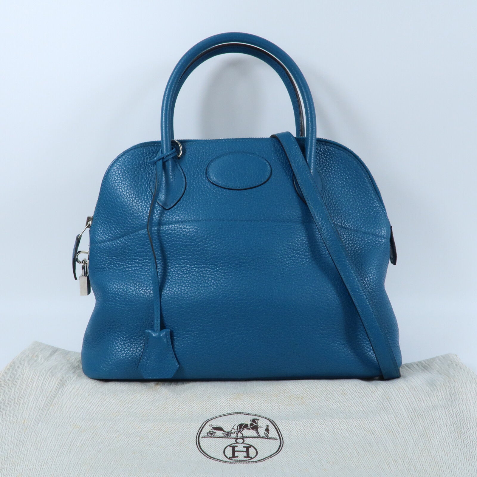 HERMES Clemence皮革Bolide 31銀扣手挽袋Bleu Izmir