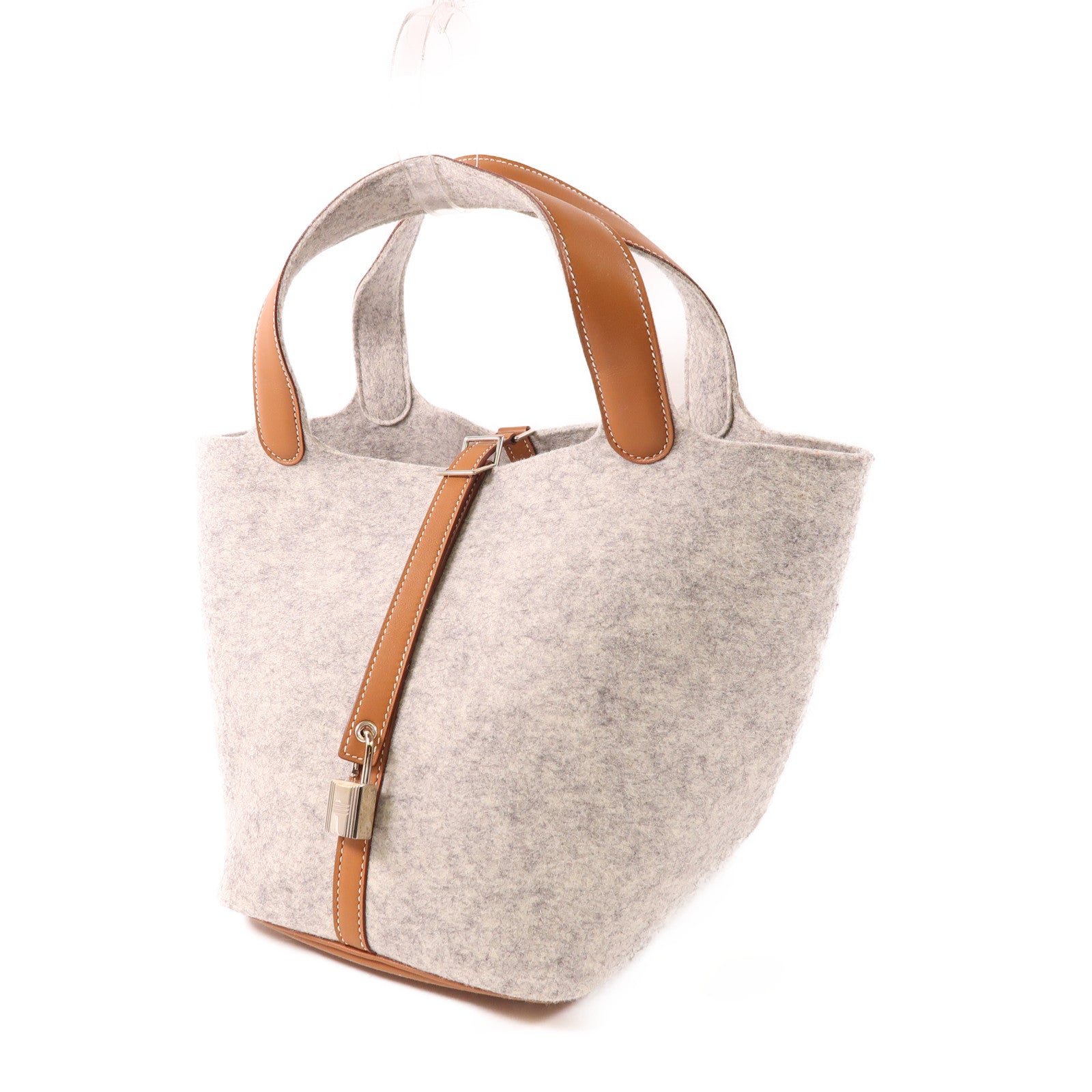 HERMES 毛氈Picotin MM銀扣手挽袋Gris Clair