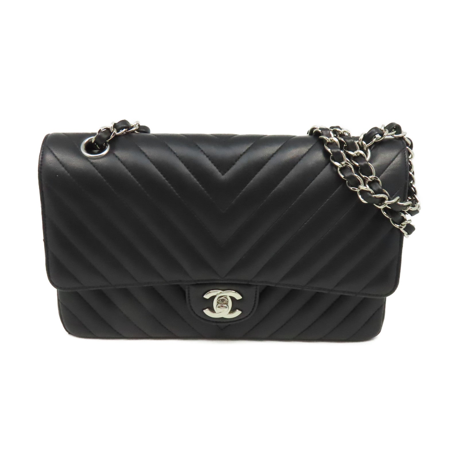 CHANEL **【激減優惠】斜紋牛皮皮革Medium Classic Flap Chain Shoulder Bag銀扣鏈帶肩背袋黑色