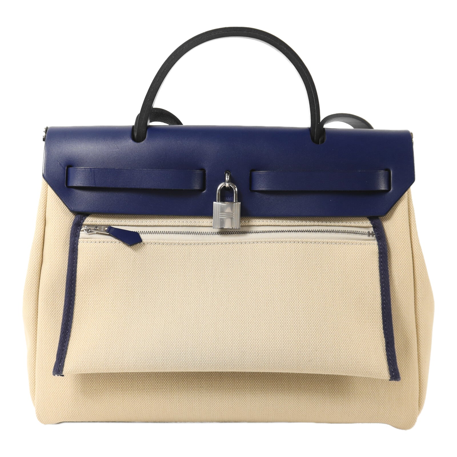 HERMES 帆布Herbag PM銀扣手挽肩背兩用袋Beige/Bleu Electrique
