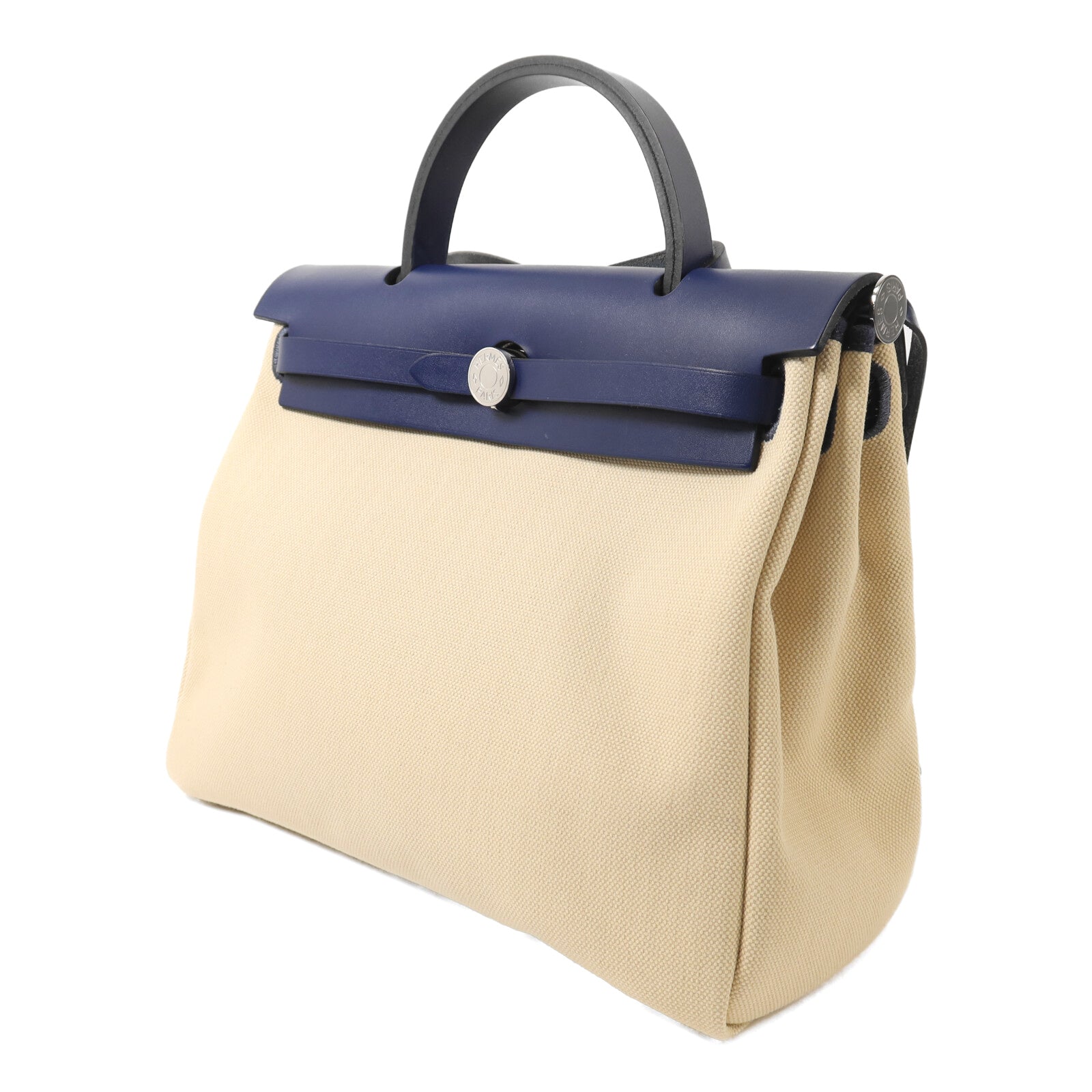 HERMES 帆布Herbag PM銀扣手挽肩背兩用袋Beige/Bleu Electrique