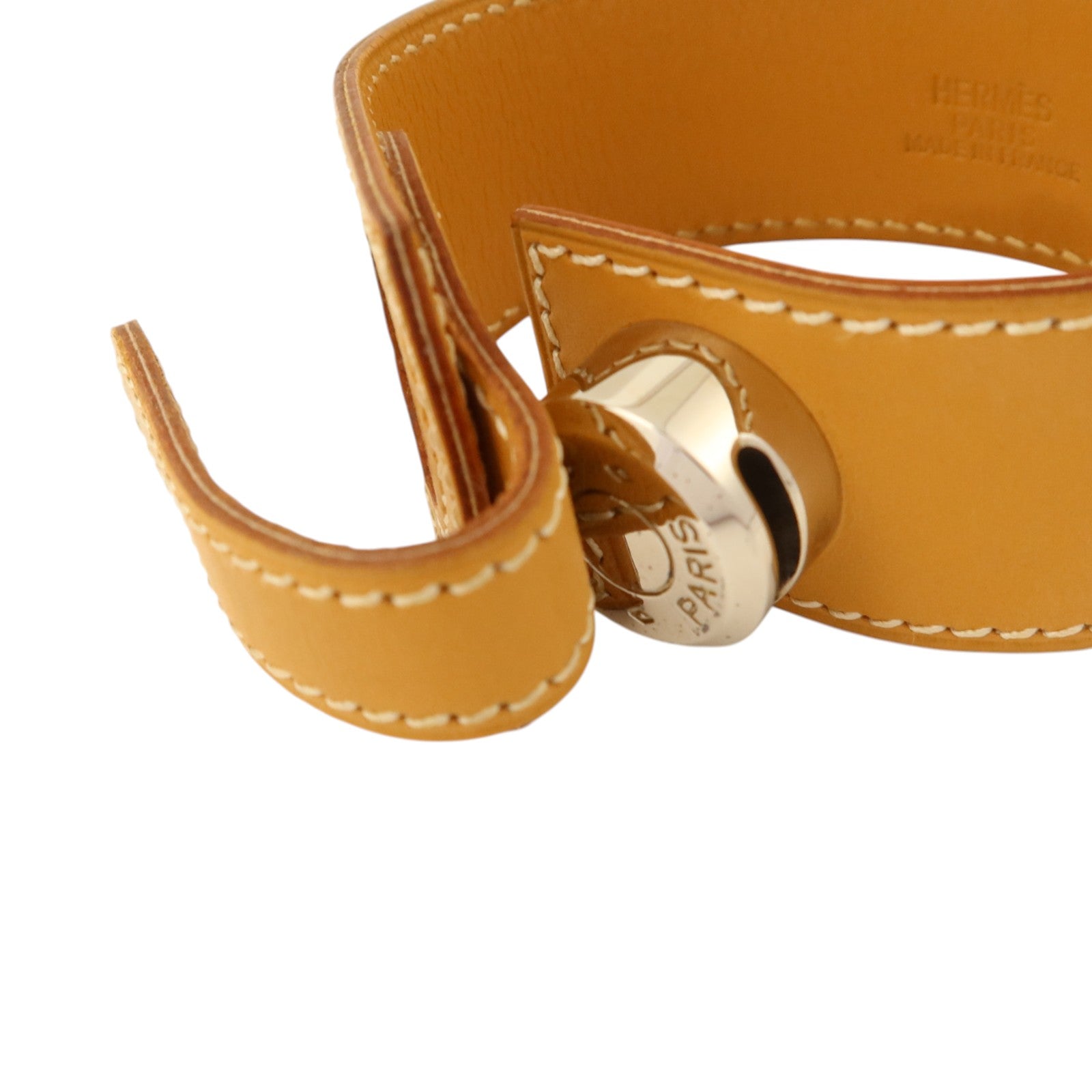 HERMES Barenia皮革Clou De Selle銀扣手鐲Natural Sable