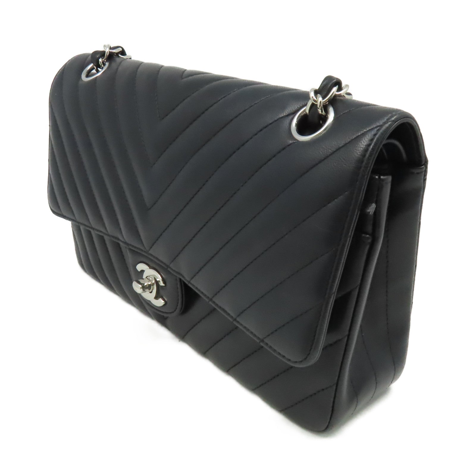 CHANEL **【激減優惠】斜紋牛皮皮革Medium Classic Flap Chain Shoulder Bag銀扣鏈帶肩背袋黑色
