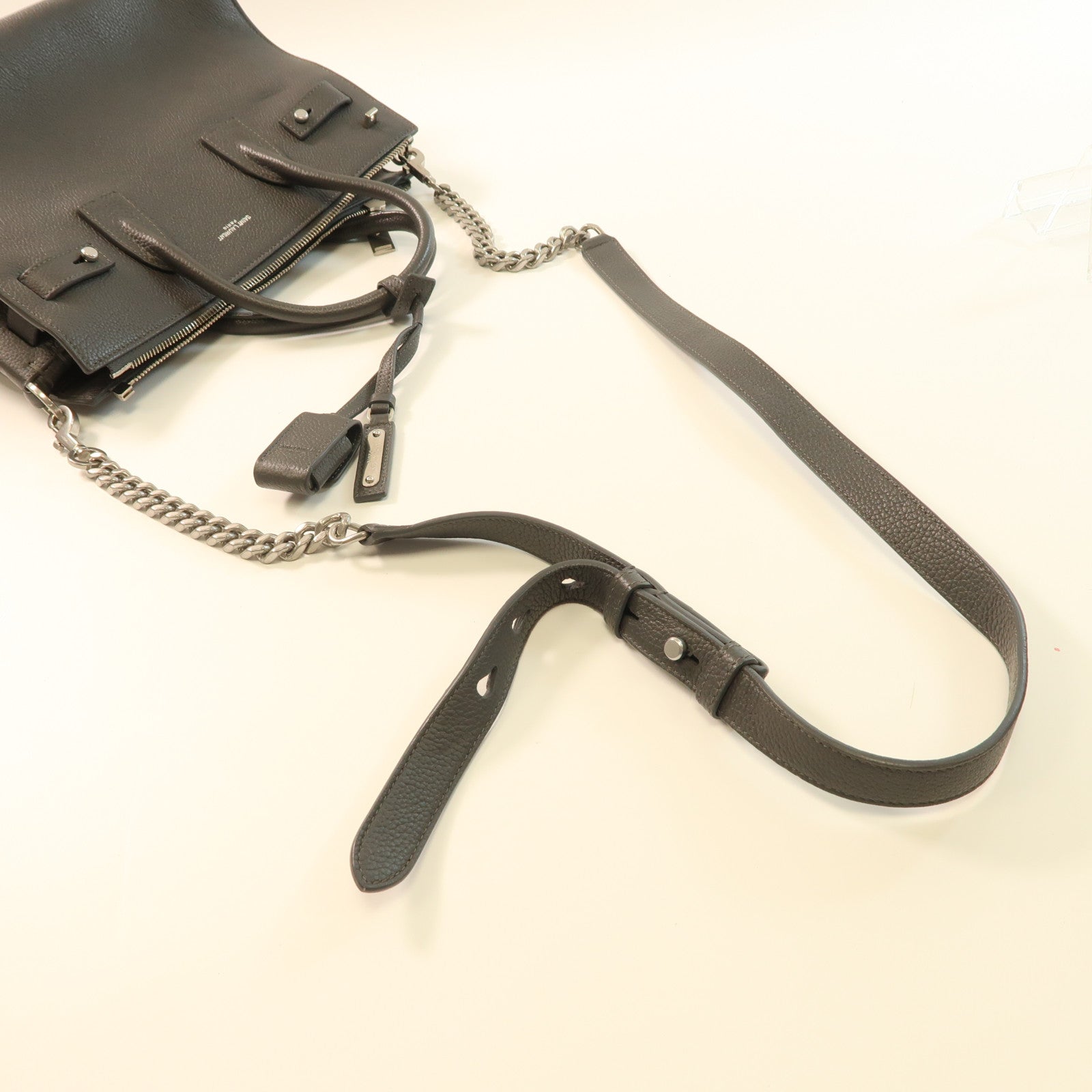 SAINT LAURENT 牛皮皮革2 Way Shoulder銀扣手挽肩背兩用袋灰色