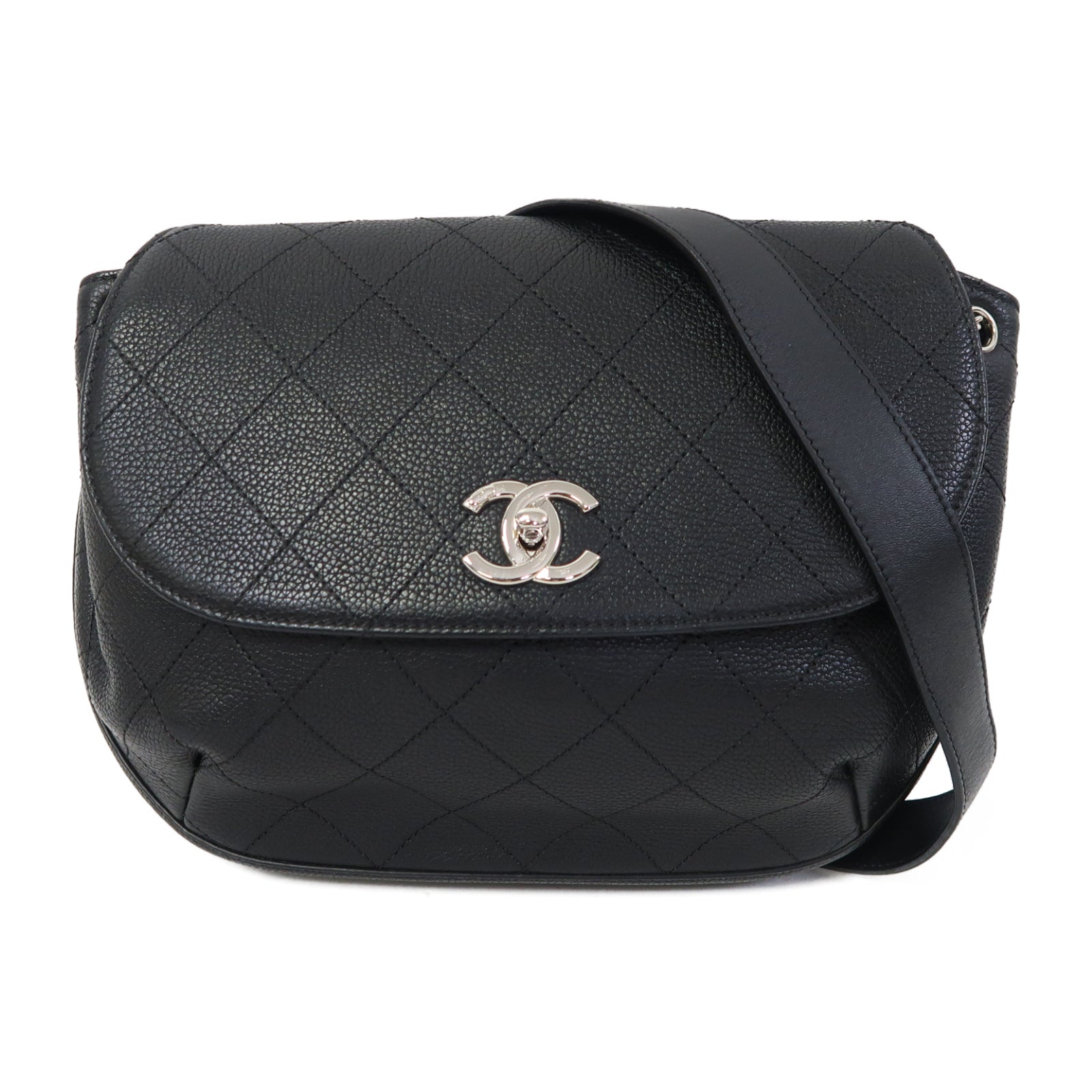 CHANEL 菱格Caviar皮革Shoulder Bag銀扣肩背袋黑色