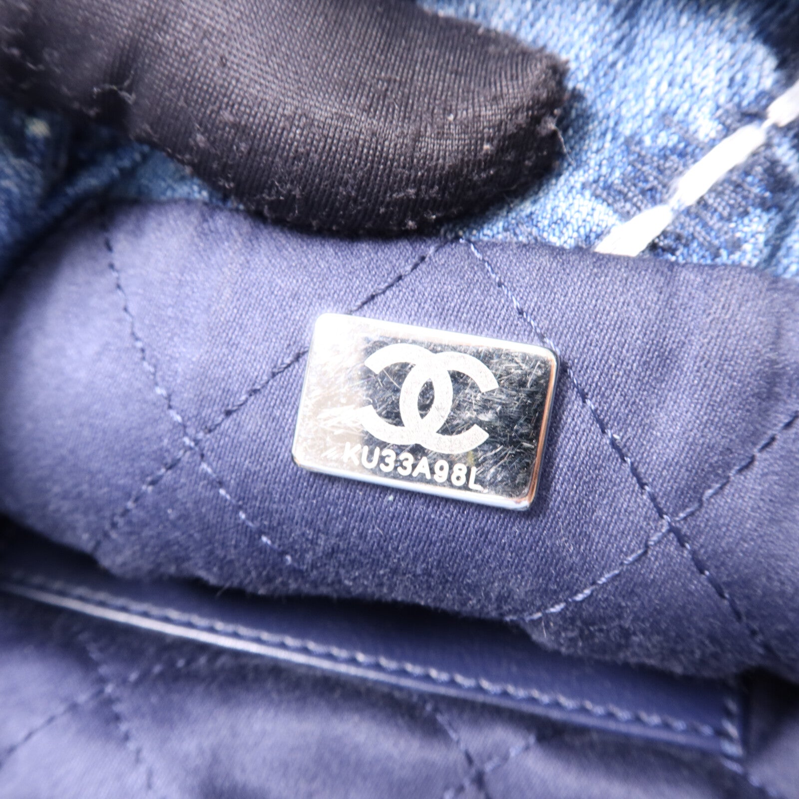 CHANEL 牛仔布Mini 22銀扣鏈帶手挽肩背兩用袋