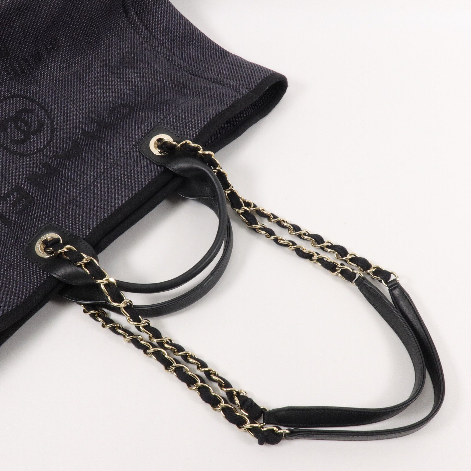 CHANEL 帆布/牛皮皮革Deauville Tote Bag鏈帶肩背袋