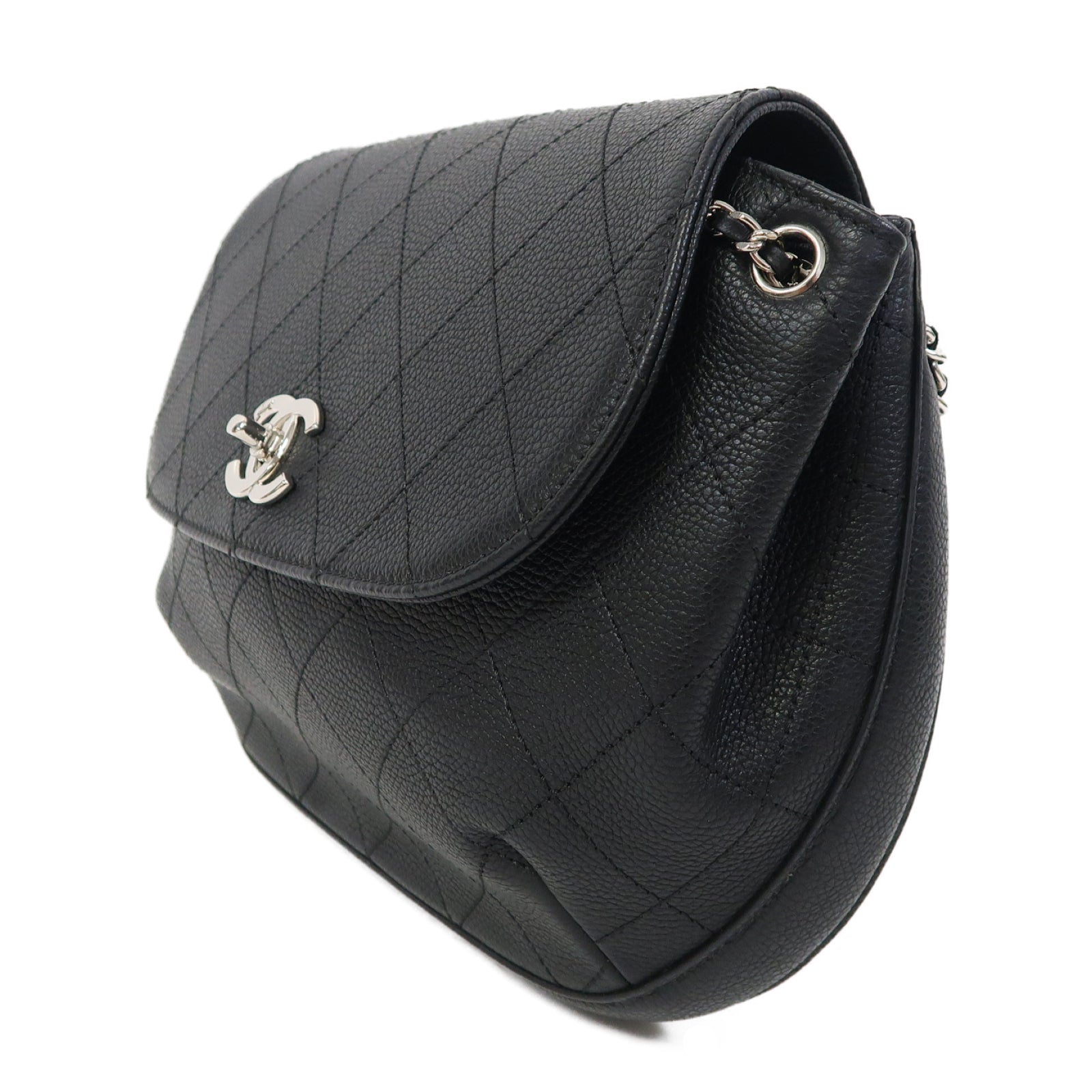 CHANEL 菱格Caviar皮革Shoulder Bag銀扣肩背袋黑色