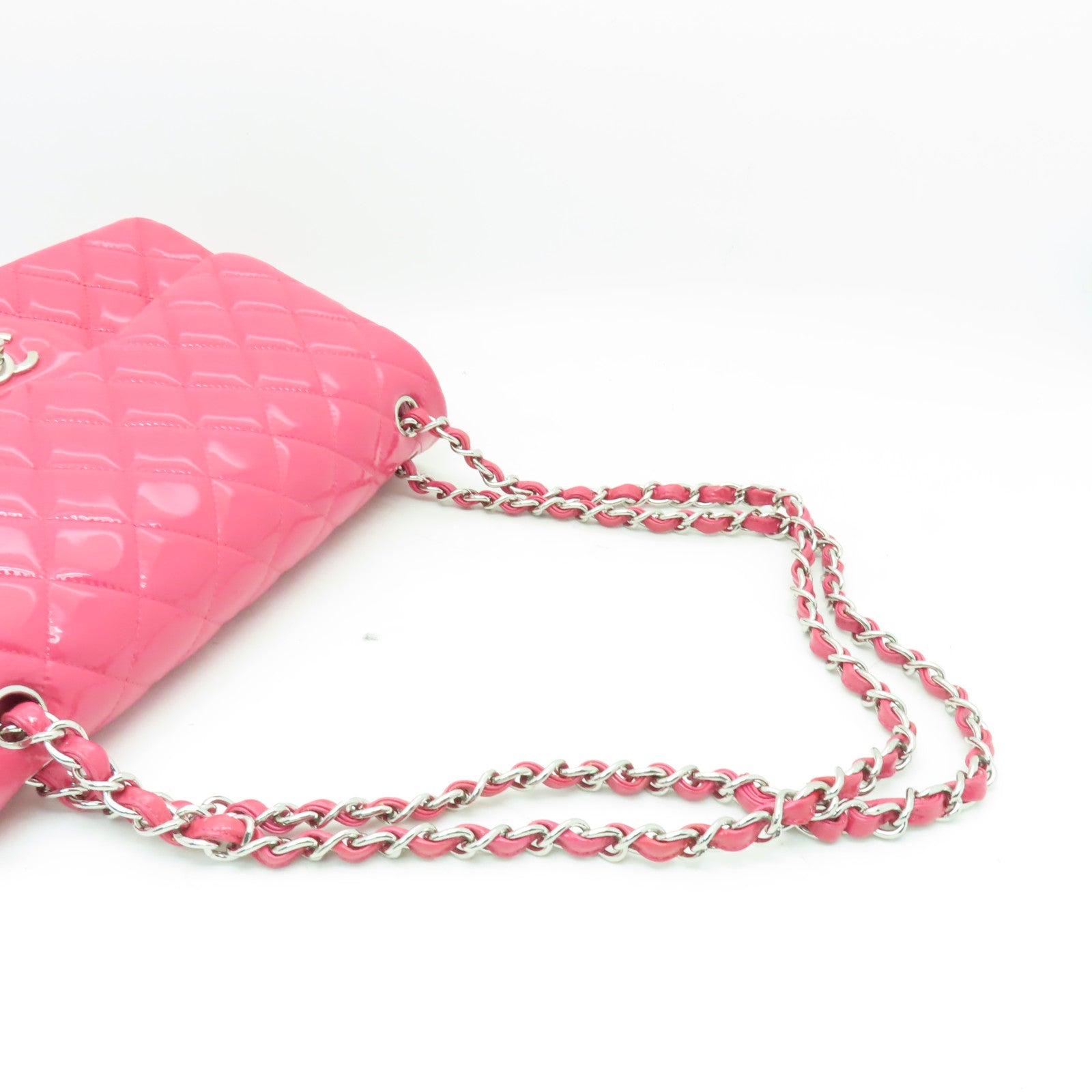 CHANEL **【激減優惠】菱格漆皮皮革Chain Shoulder Bag銀扣鏈帶肩背袋粉紅色