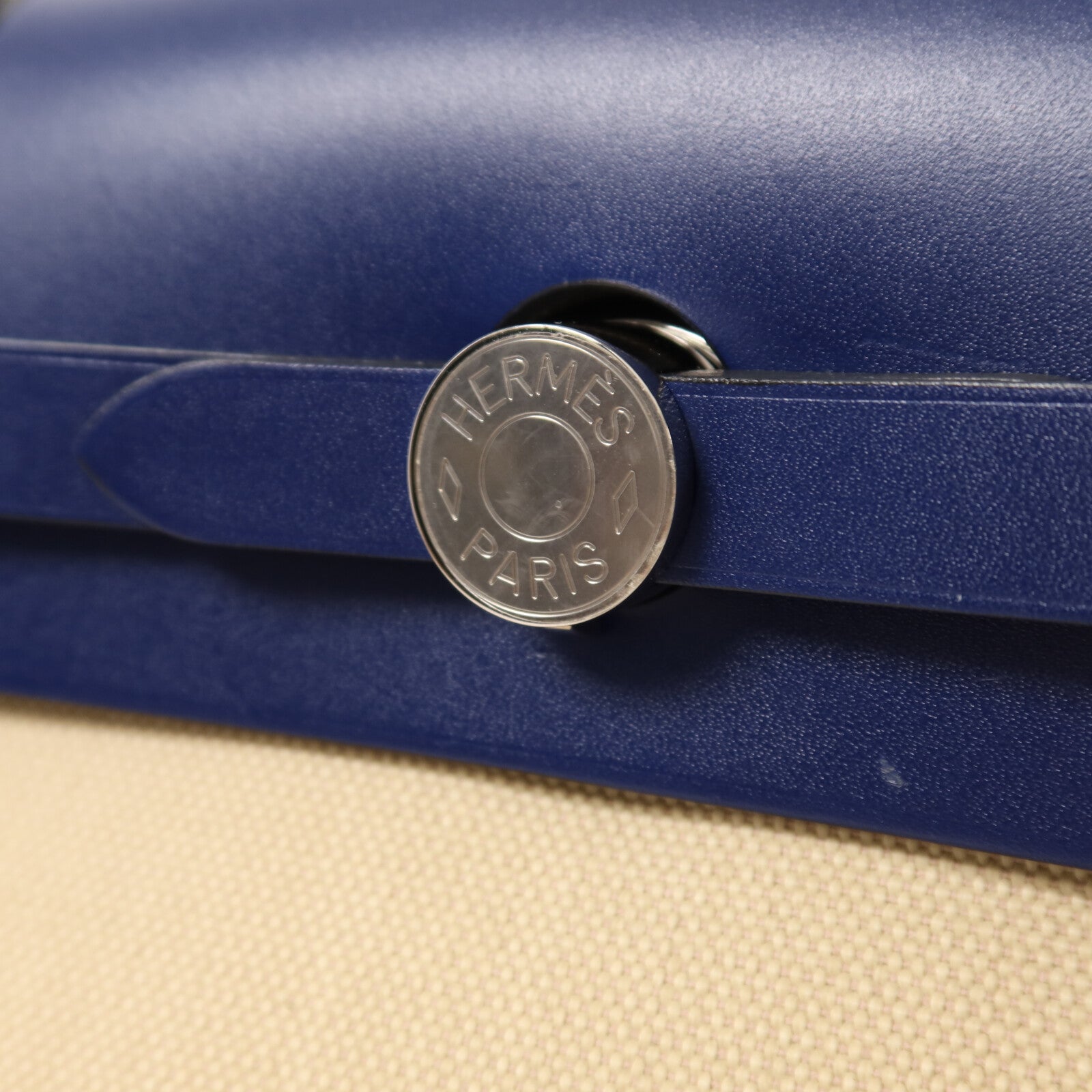 HERMES 帆布Herbag PM銀扣手挽肩背兩用袋Beige/Bleu Electrique