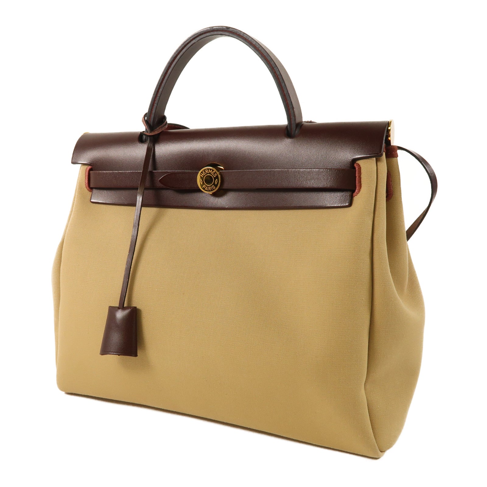 HERMES 帆布Herbag PM金扣手挽肩背兩用袋Trench/Bleu Tempete/Rouge Sellier