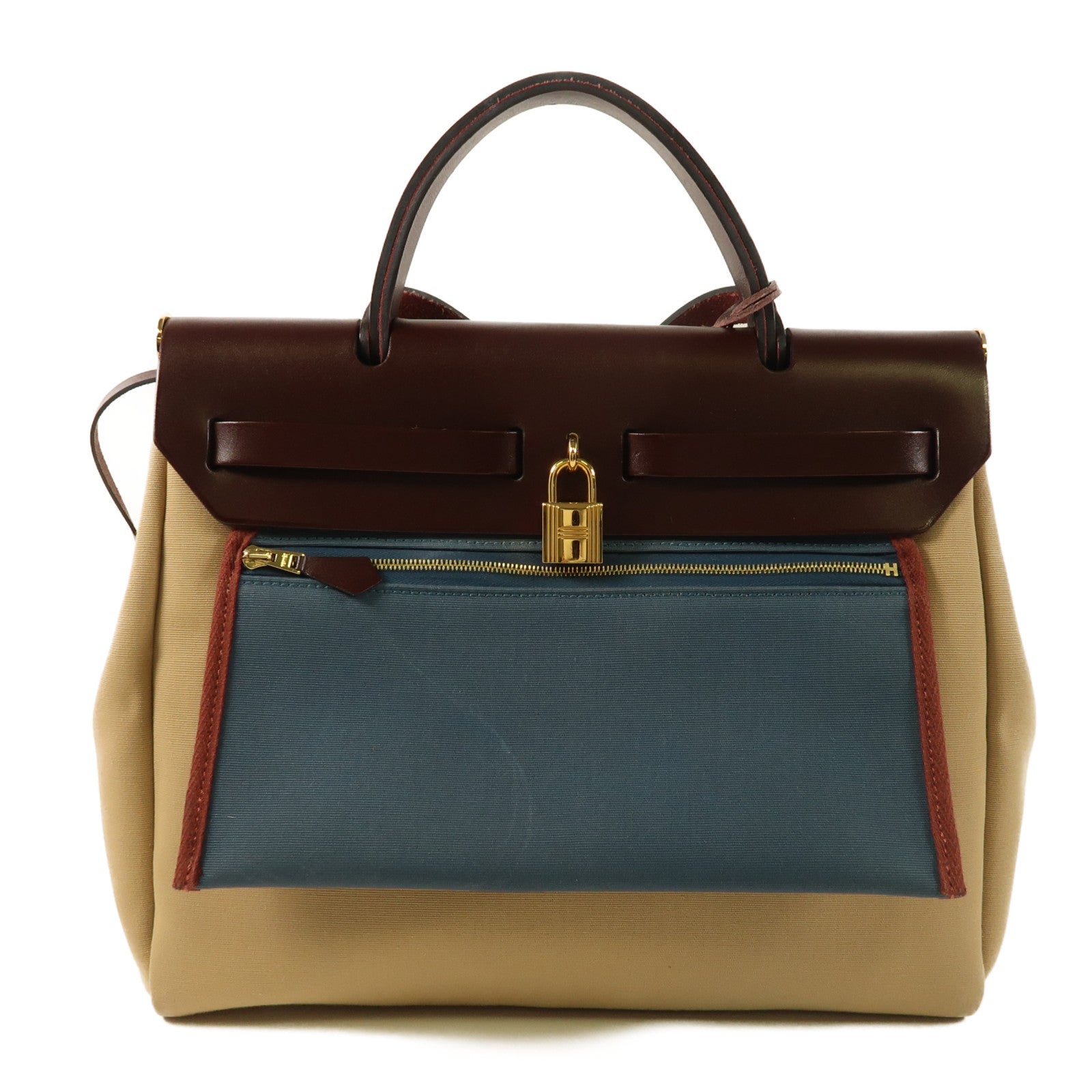 HERMES 帆布Herbag PM金扣手挽肩背兩用袋Trench/Bleu Tempete/Rouge Sellier