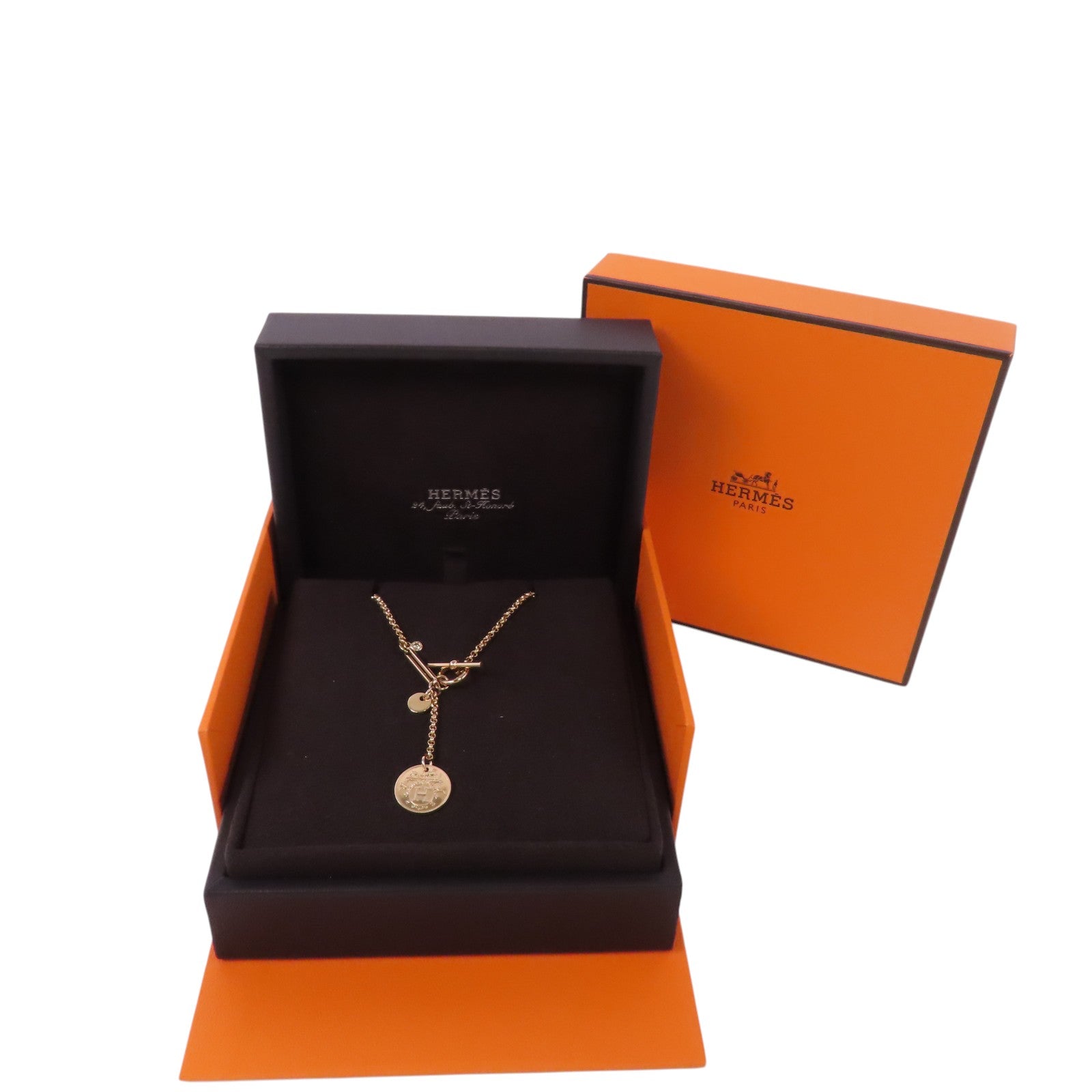 HERMES GHW Ex-Libris Small Diamond Pendent Necklace 18K Rose Gold