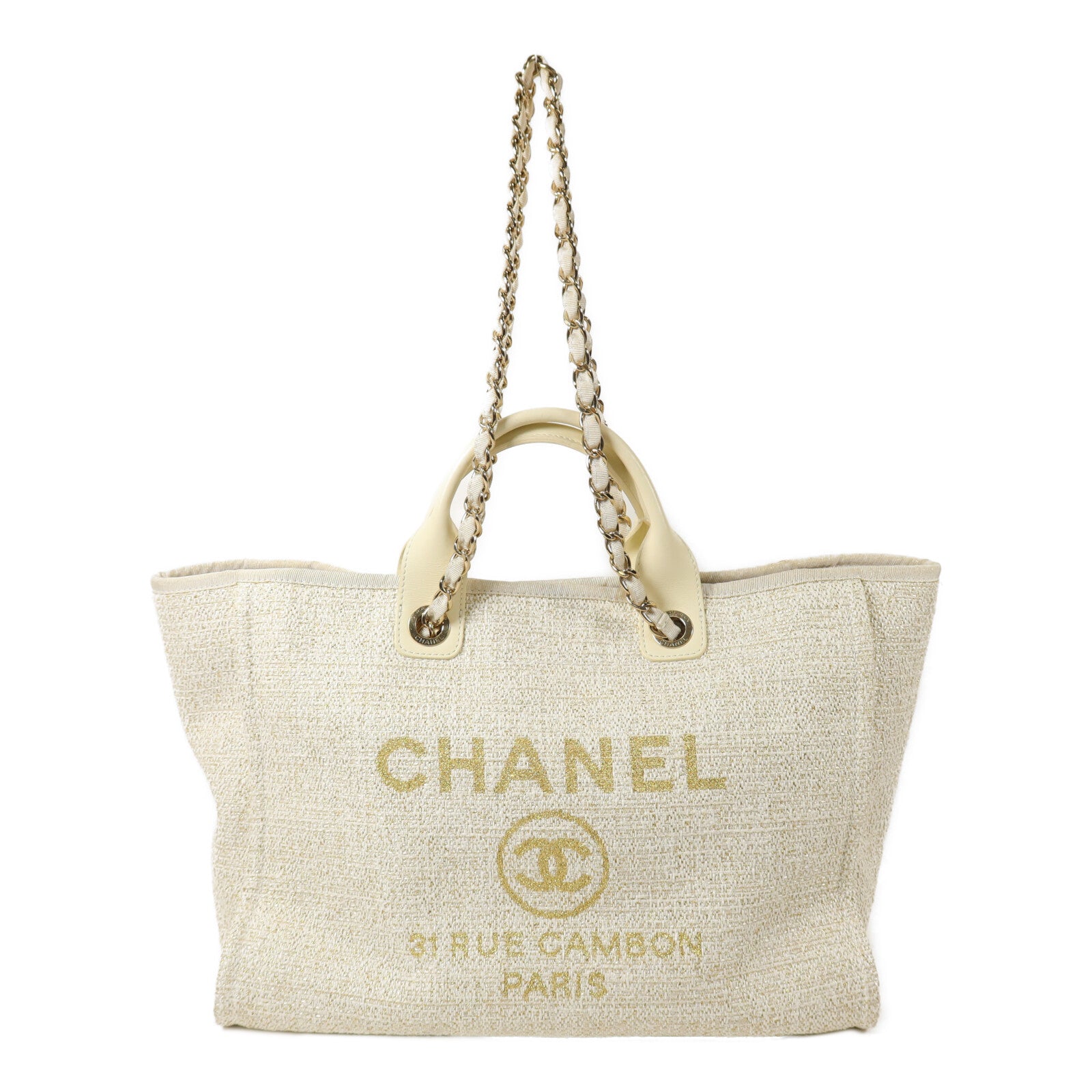 CHANEL 帆布/藤料Deauville Tote MM鏈帶手挽肩背兩用袋