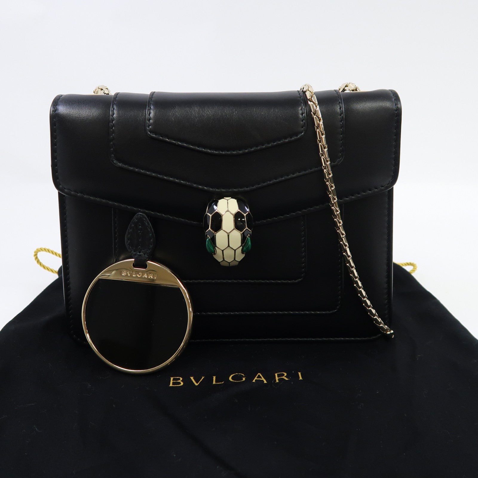BVLGARI (PRICE DOWN) GHW Chain Shoulder Bag Calfskin Leather Black