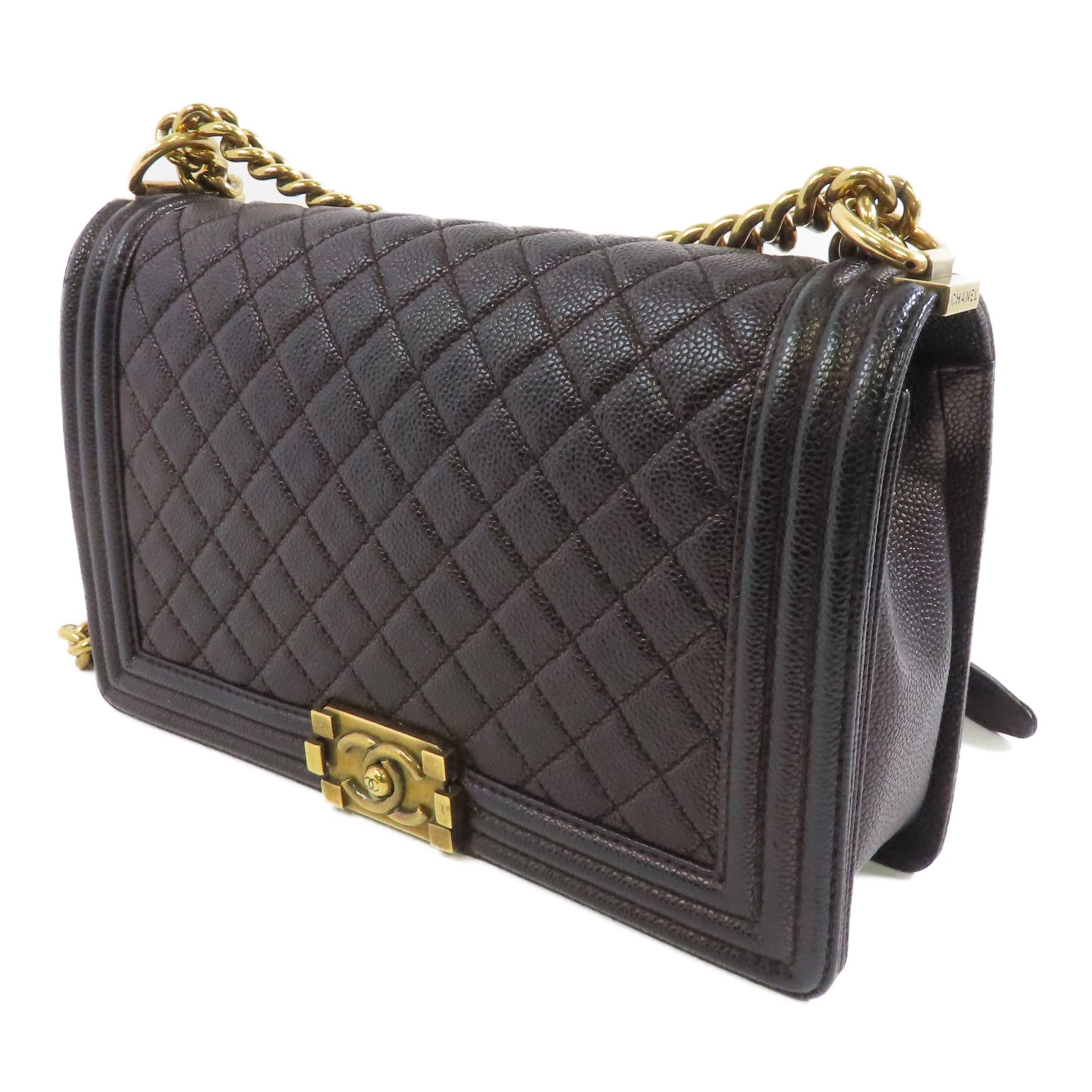 CHANEL 菱格Caviar皮革Boy金扣鏈帶肩背袋黑色