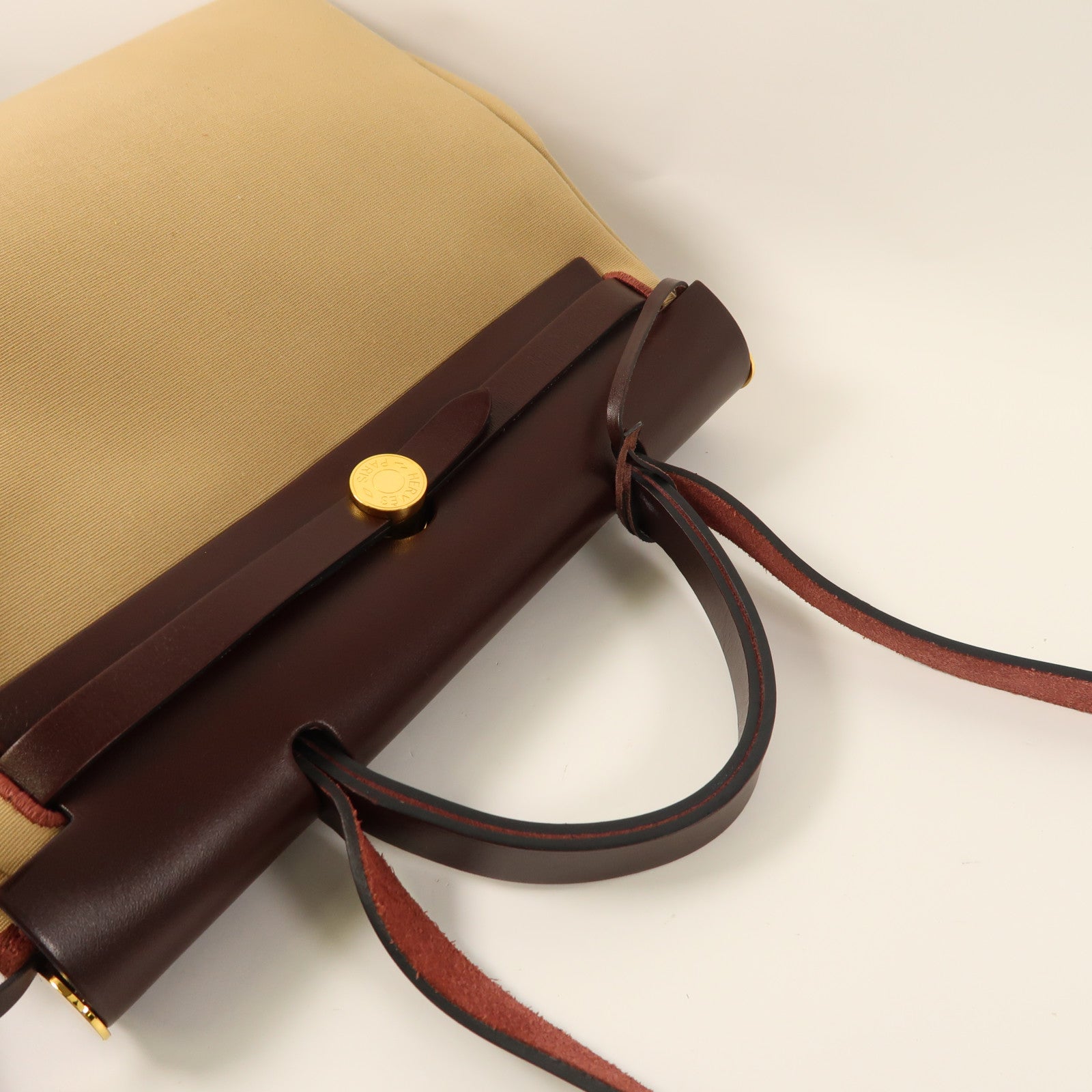 HERMES 帆布Herbag PM金扣手挽肩背兩用袋Trench/Bleu Tempete/Rouge Sellier