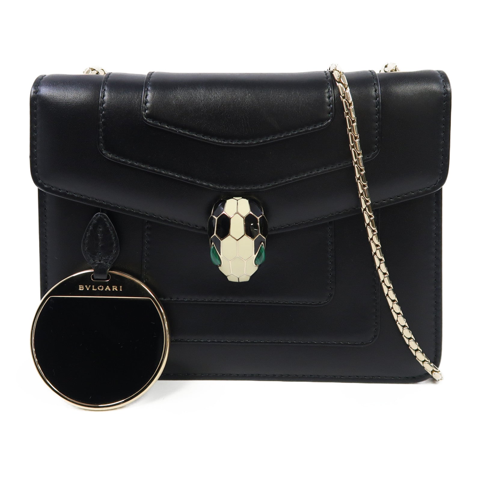 BVLGARI (PRICE DOWN) GHW Chain Shoulder Bag Calfskin Leather Black