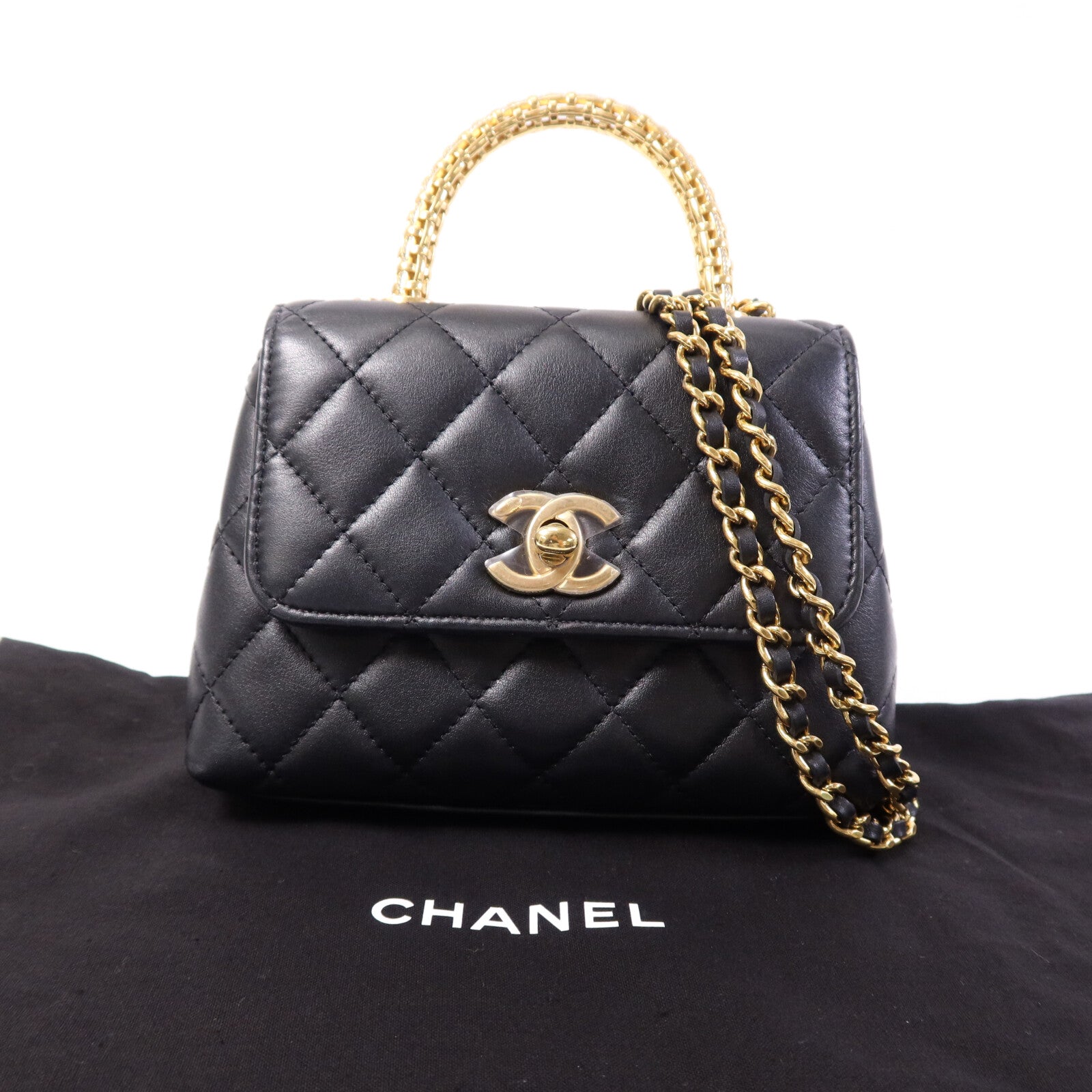 CHANEL 牛皮皮革Coco Handle Nano金扣鏈帶手挽肩背兩用袋