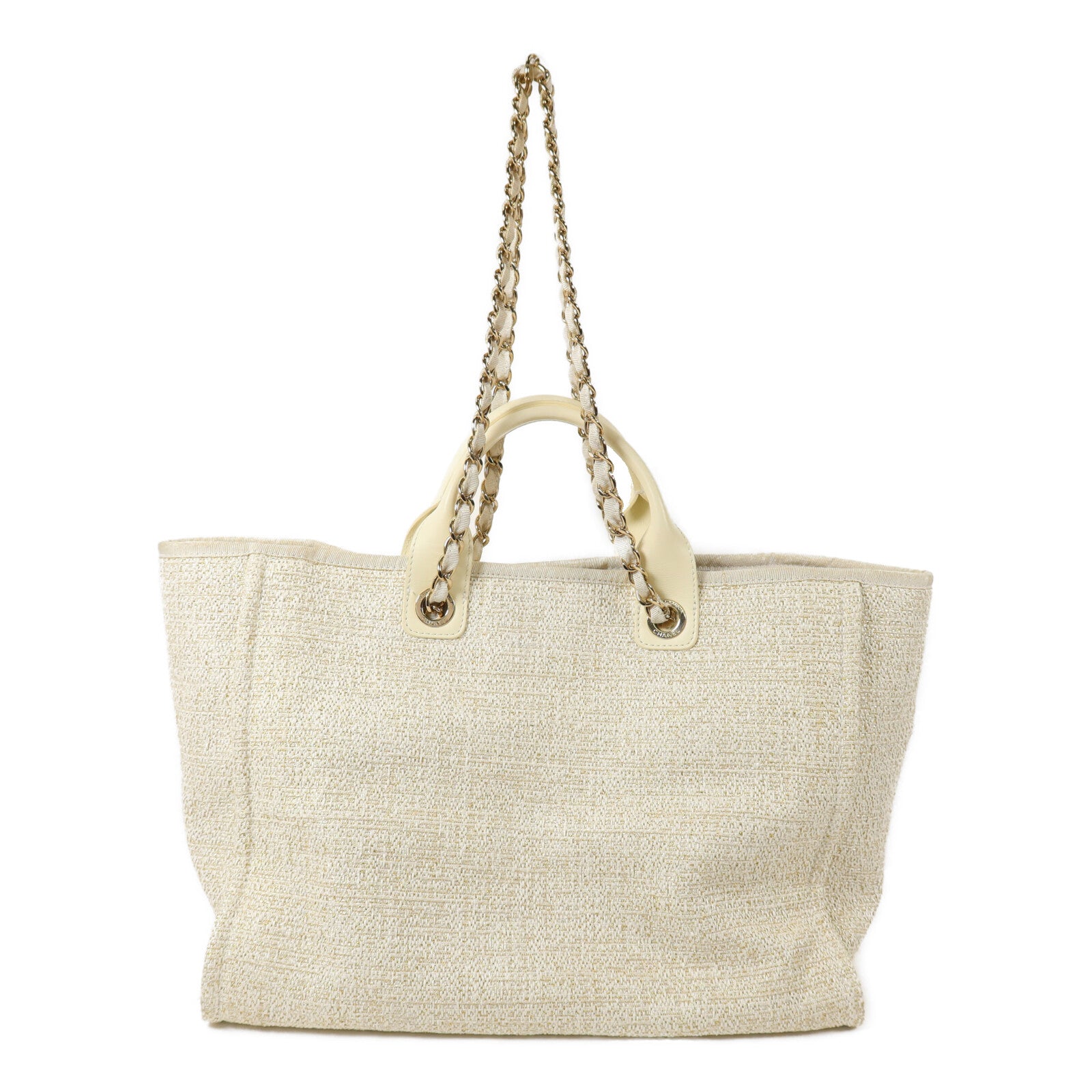 CHANEL 帆布/藤料Deauville Tote MM鏈帶手挽肩背兩用袋