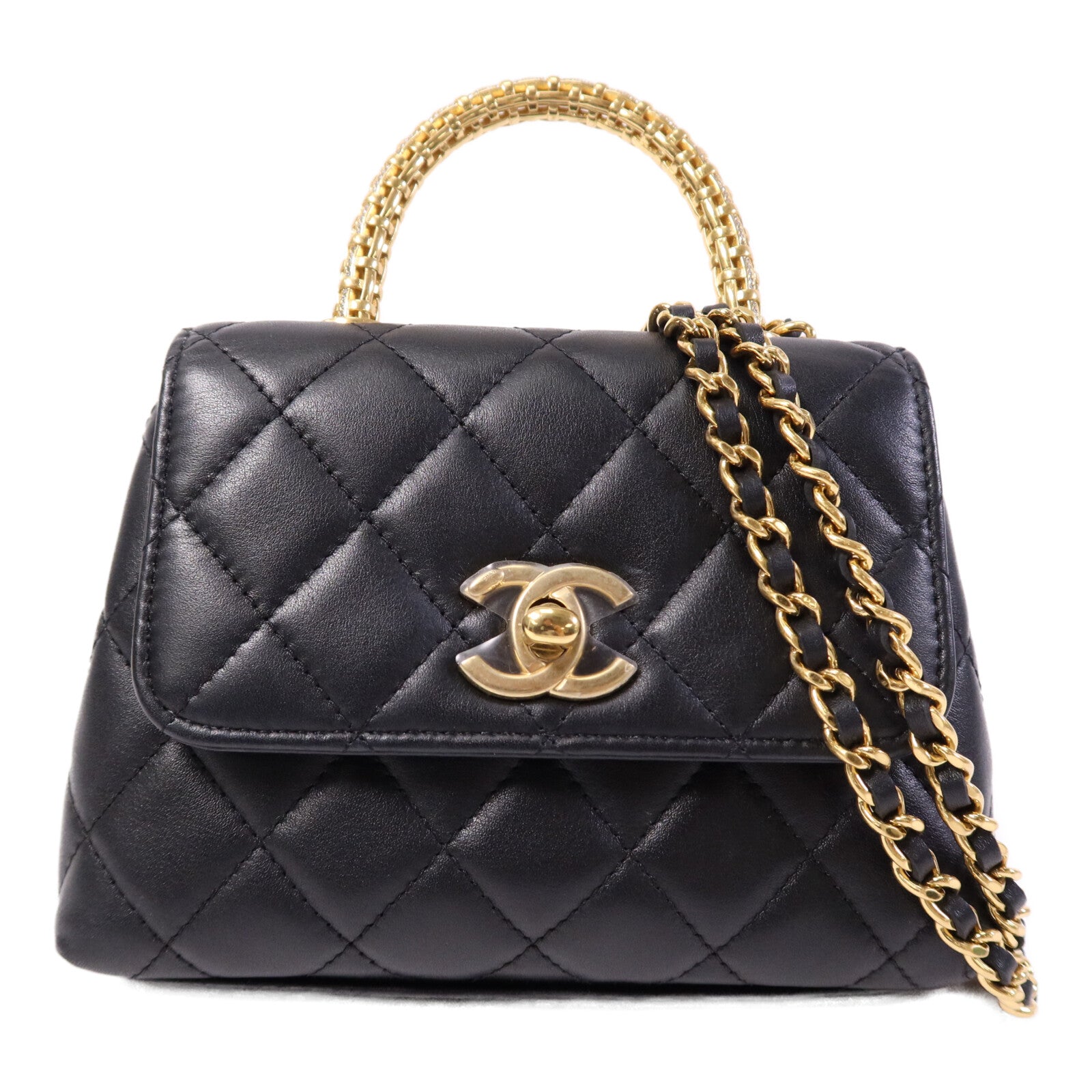 CHANEL 牛皮皮革Coco Handle Nano金扣鏈帶手挽肩背兩用袋
