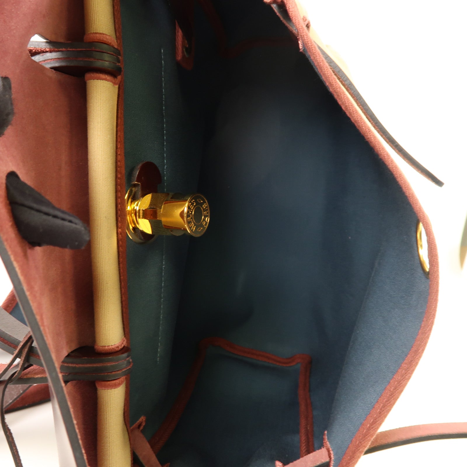 HERMES 帆布Herbag PM金扣手挽肩背兩用袋Trench/Bleu Tempete/Rouge Sellier