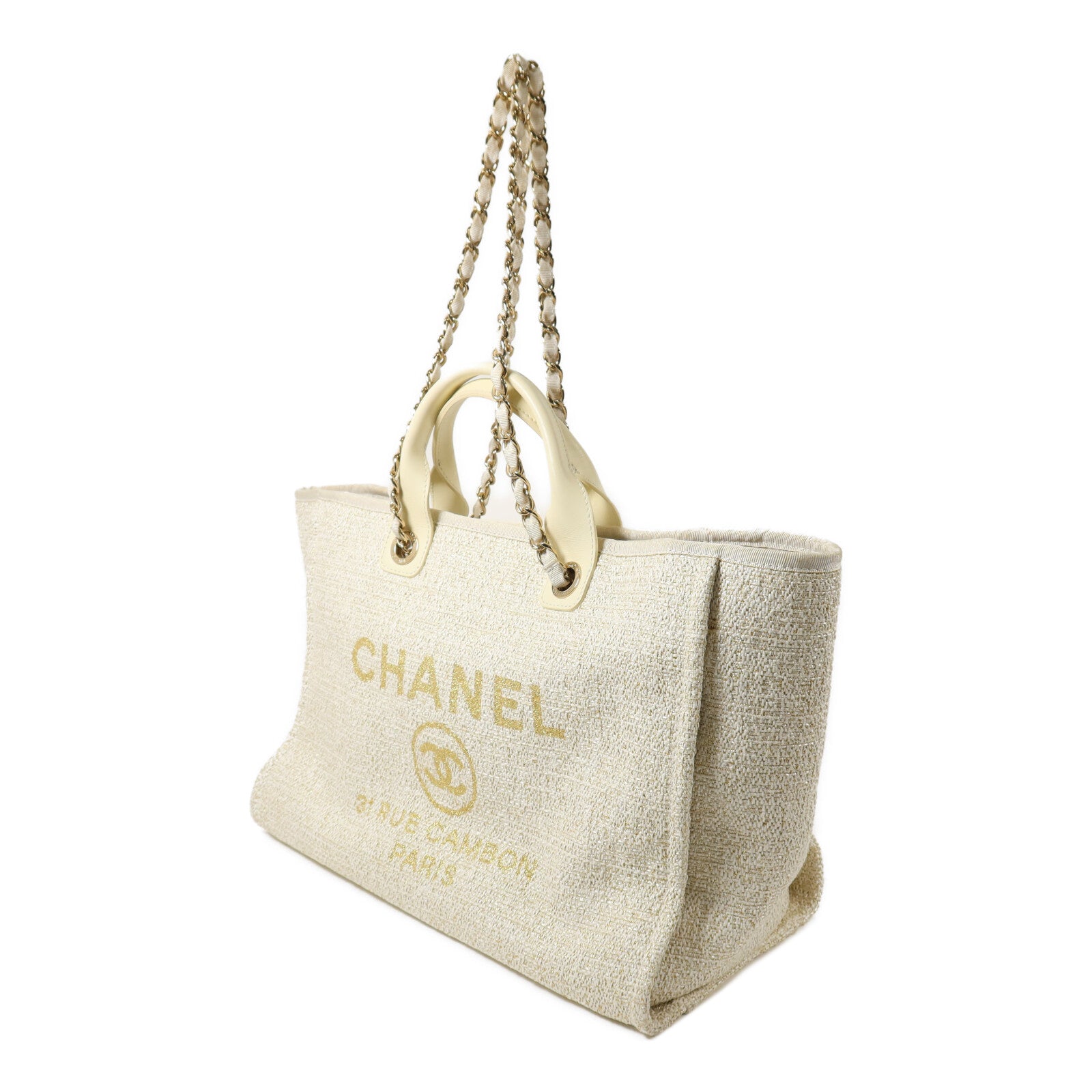 CHANEL 帆布/藤料Deauville Tote MM鏈帶手挽肩背兩用袋