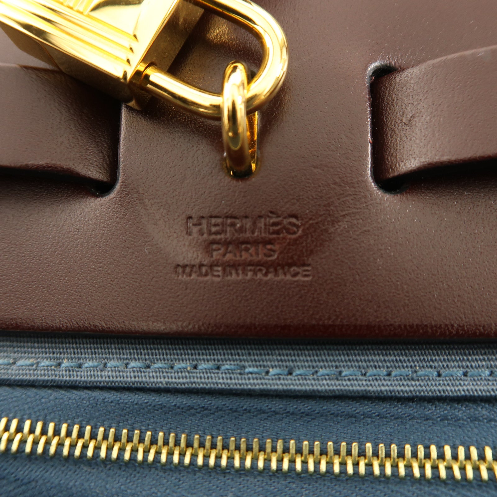 HERMES 帆布Herbag PM金扣手挽肩背兩用袋Trench/Bleu Tempete/Rouge Sellier