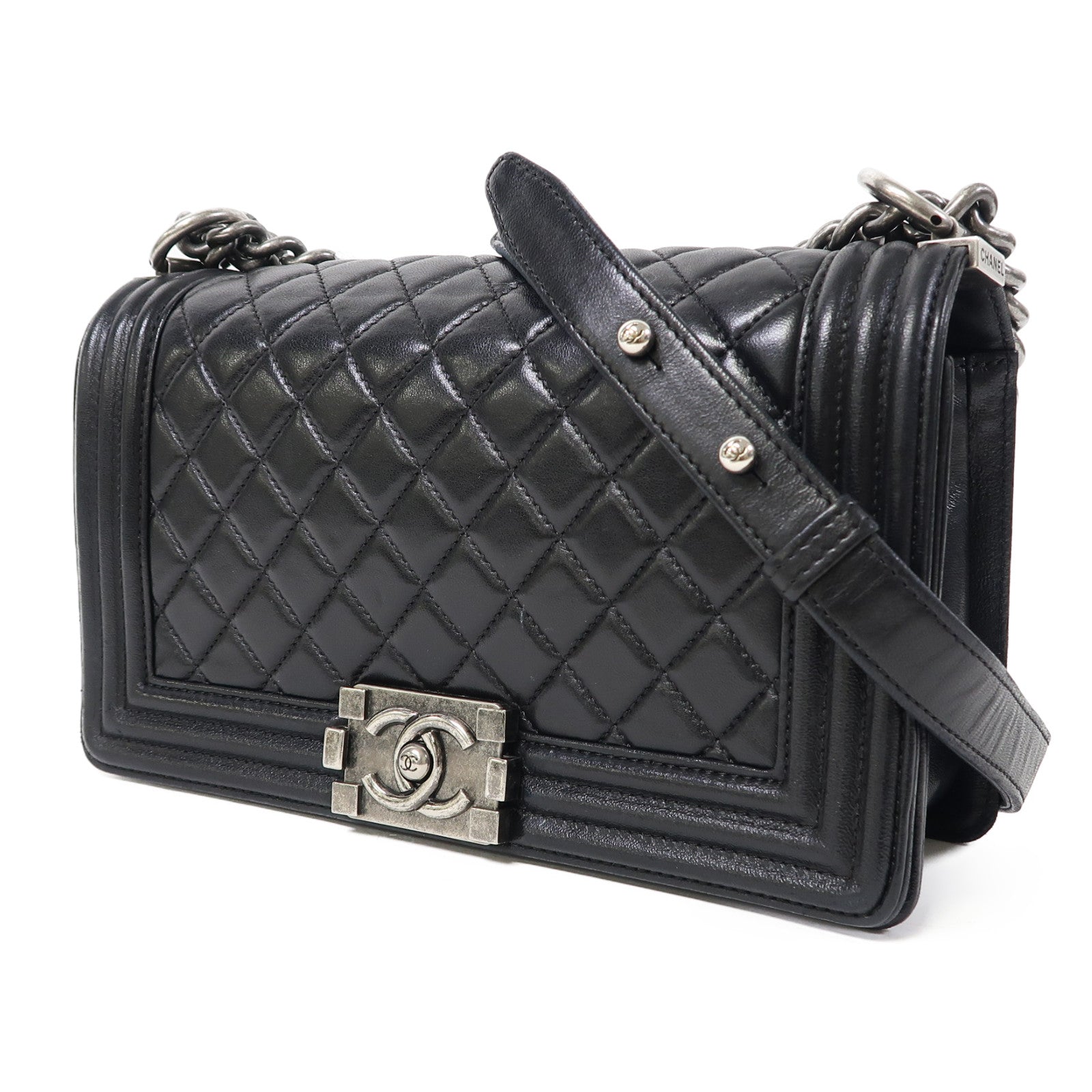 CHANEL 【激減優惠】菱格羊皮皮革Boy 25銀扣鏈帶肩背袋黑色