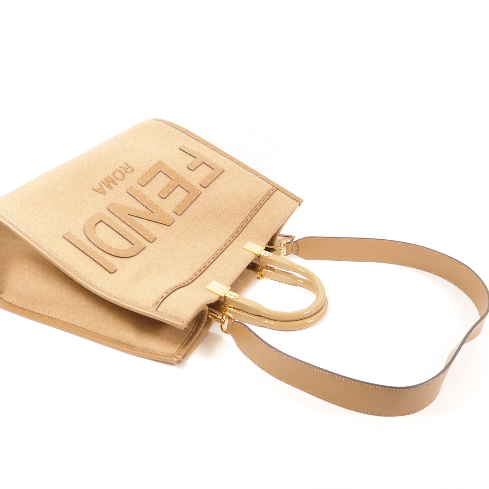 FENDI 羊毛/牛皮皮革Sunshine金扣手挽肩背兩用袋