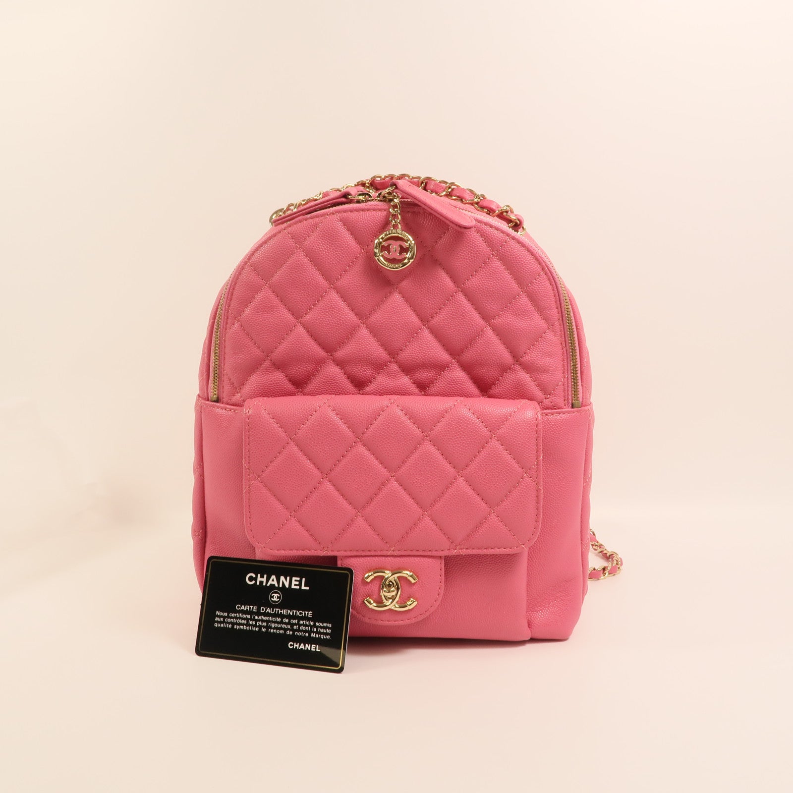 CHANEL 牛皮皮革Rucksack金扣鏈帶背包