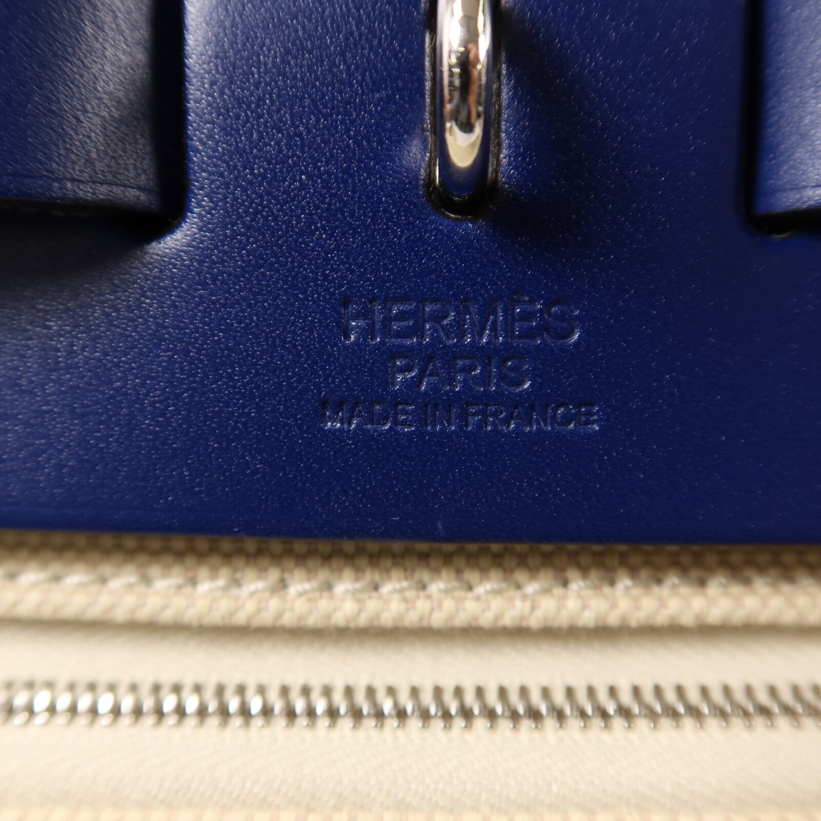 HERMES 帆布Herbag PM銀扣手挽肩背兩用袋Beige/Bleu Electrique