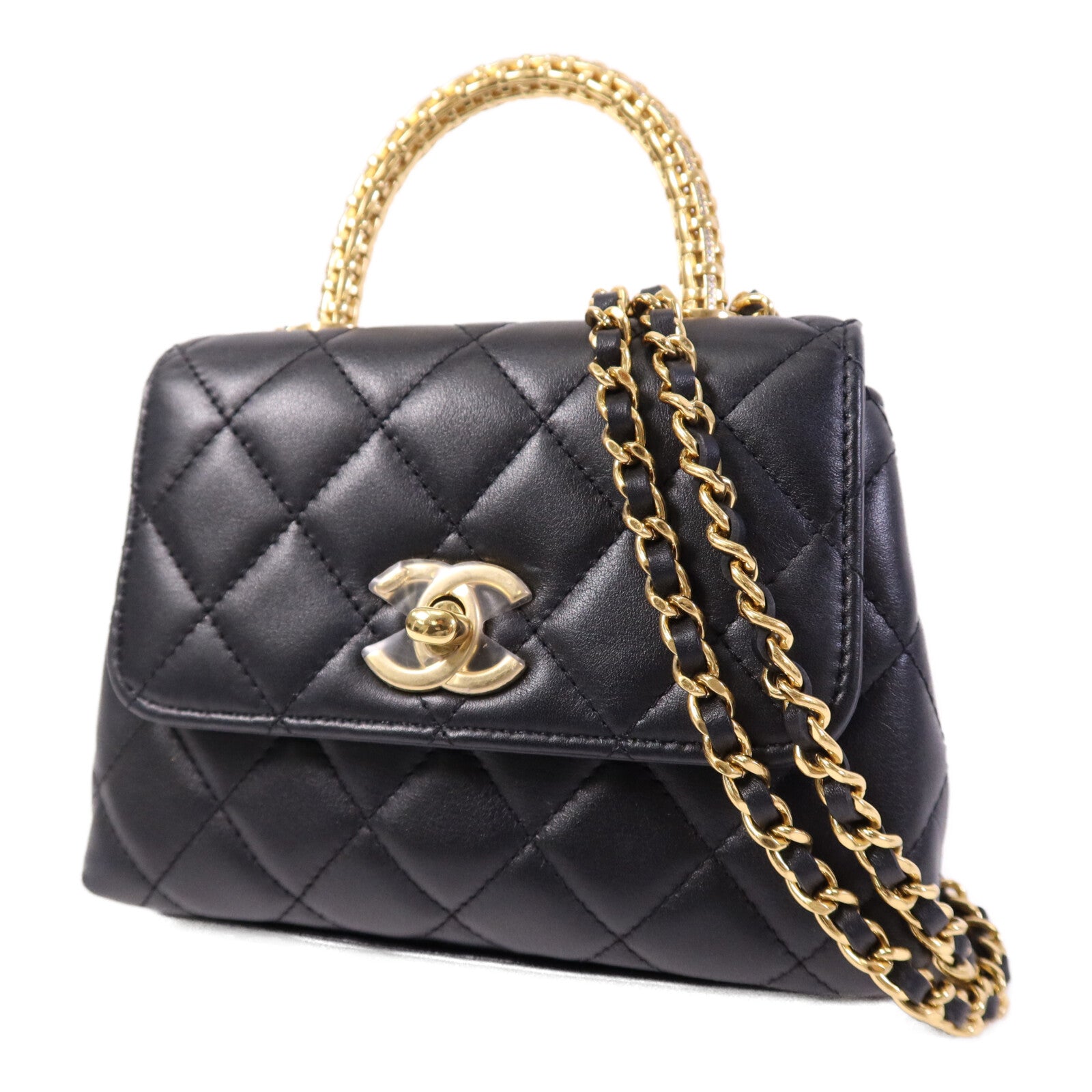 CHANEL 牛皮皮革Coco Handle Nano金扣鏈帶手挽肩背兩用袋