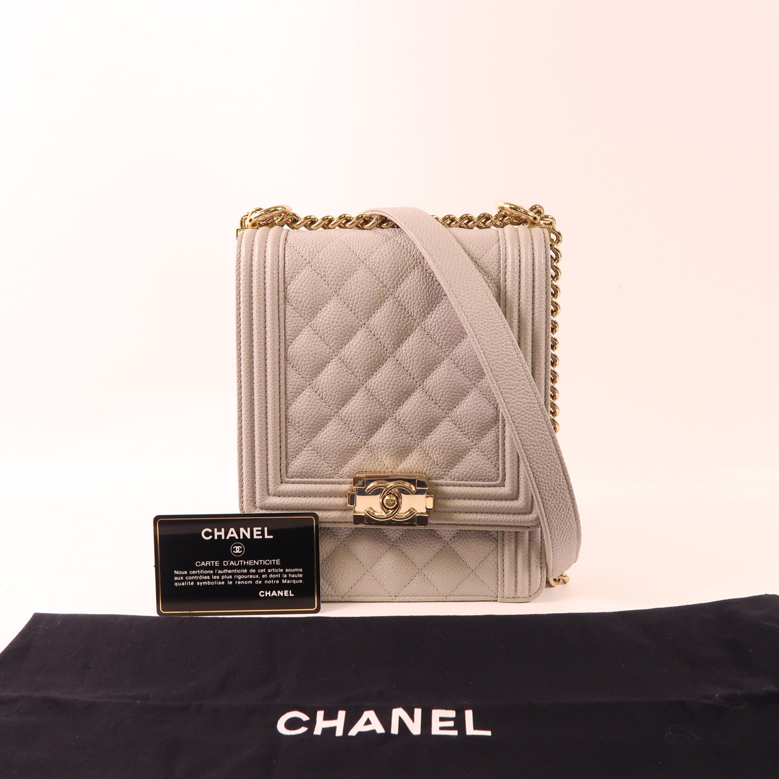 CHANEL CC GHW Boy Chain Shoulder Bag Calfskin Leather Grey