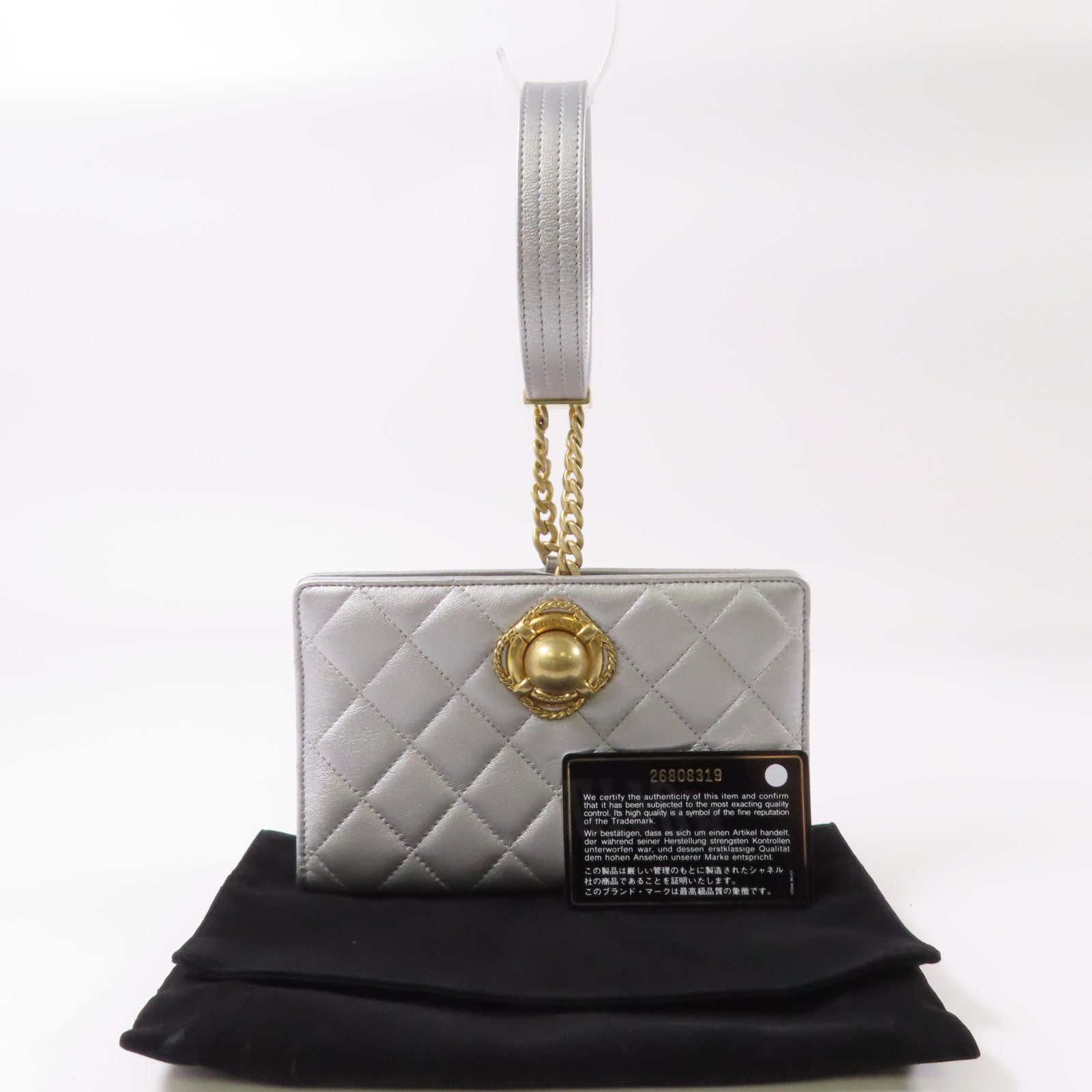 CHANEL 菱格牛皮皮革Hand Bag金扣手挽袋銀色